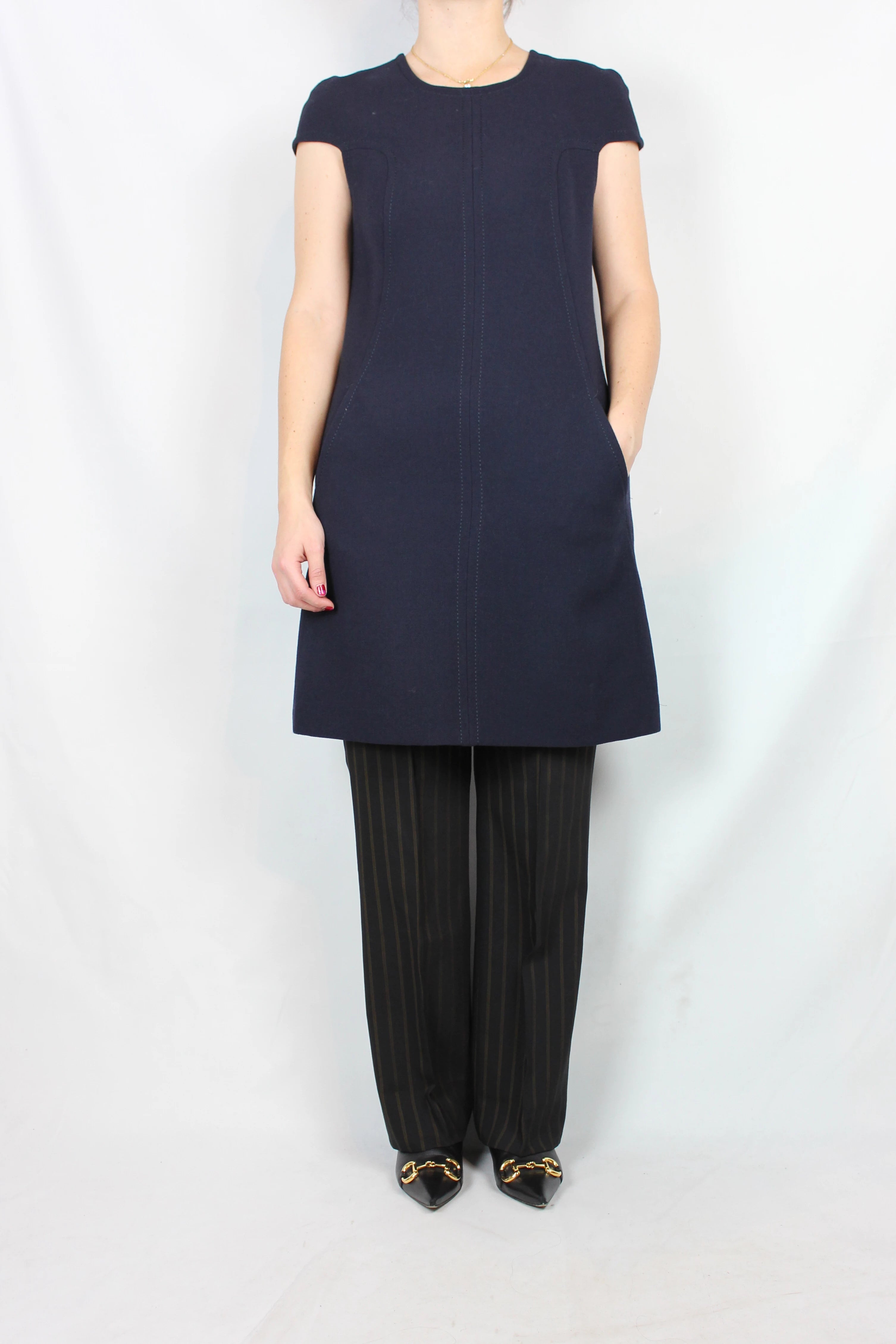 Navy Blue Wool Dress with Structured Sleeves and Corset Stitching