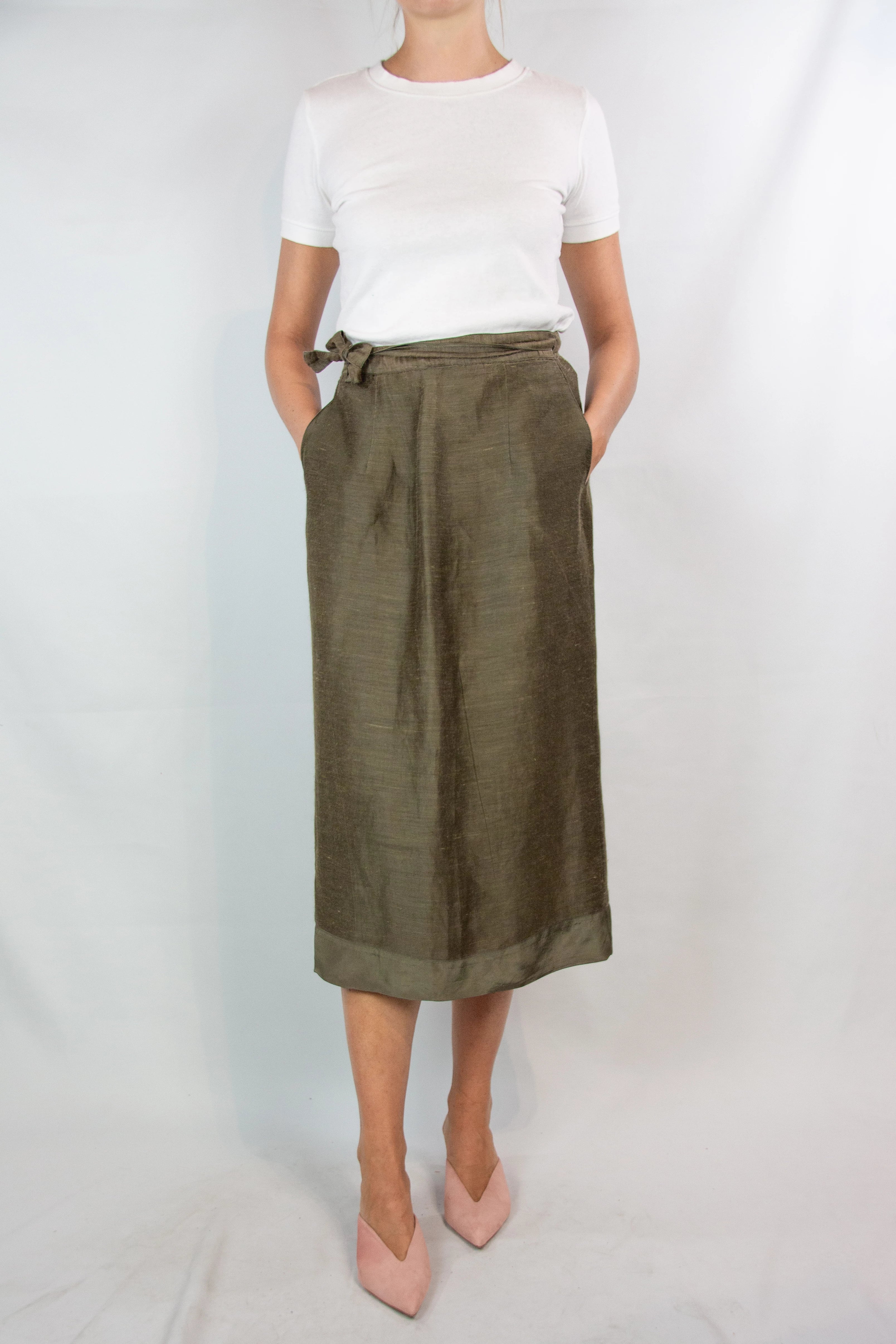 Olive Green Silk Wrap Skirt