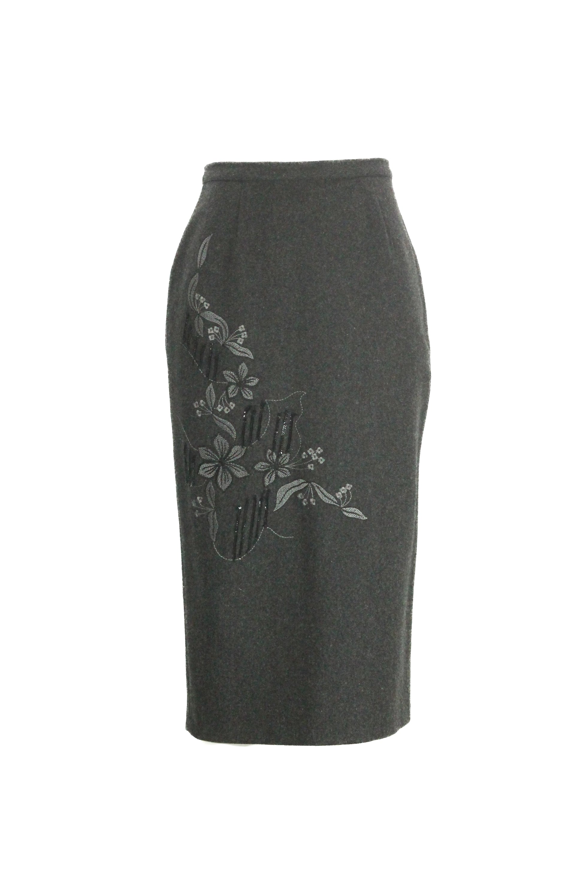 Wool midi skirt with floral embroidery and slit
