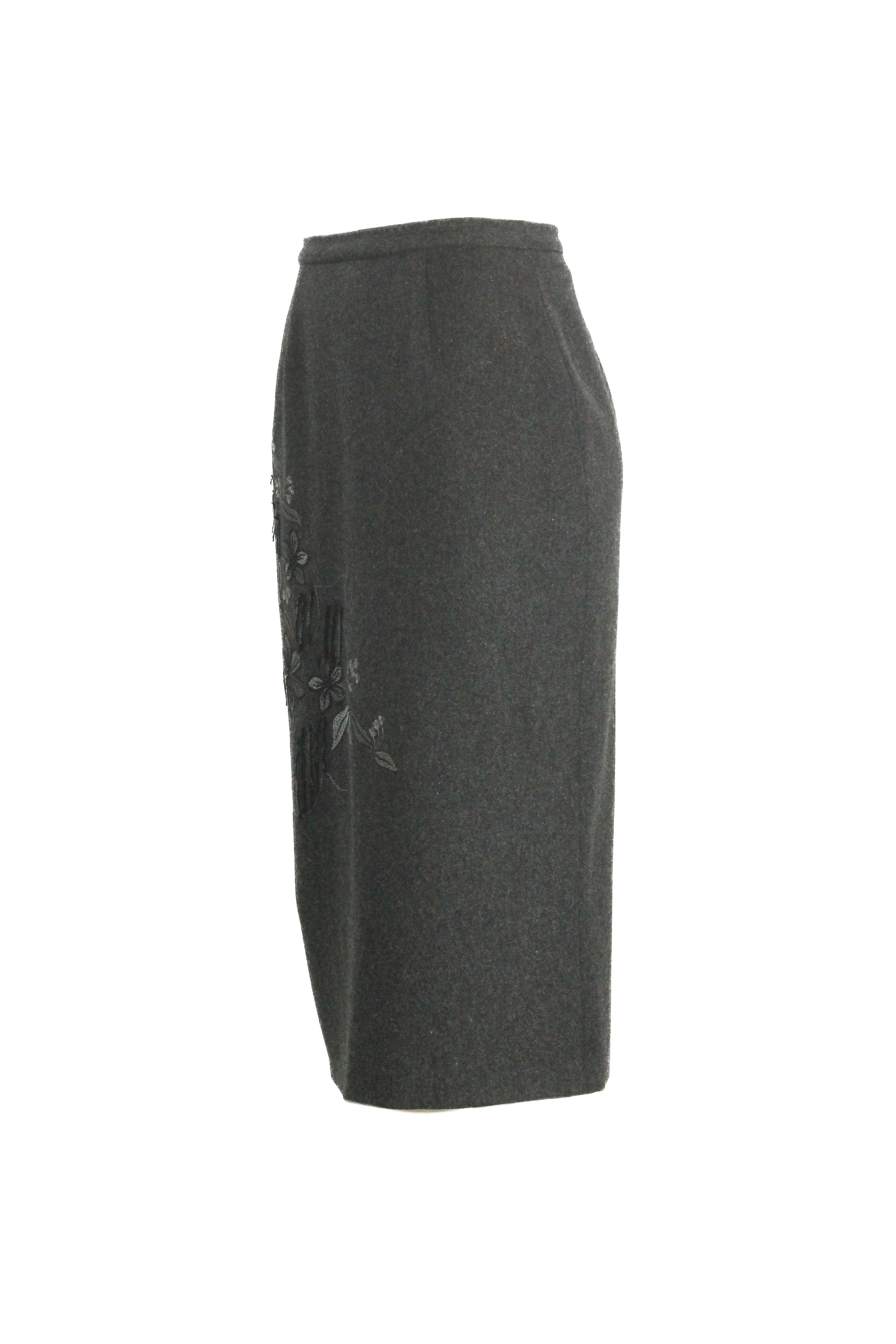 Wool midi skirt with floral embroidery and slit
