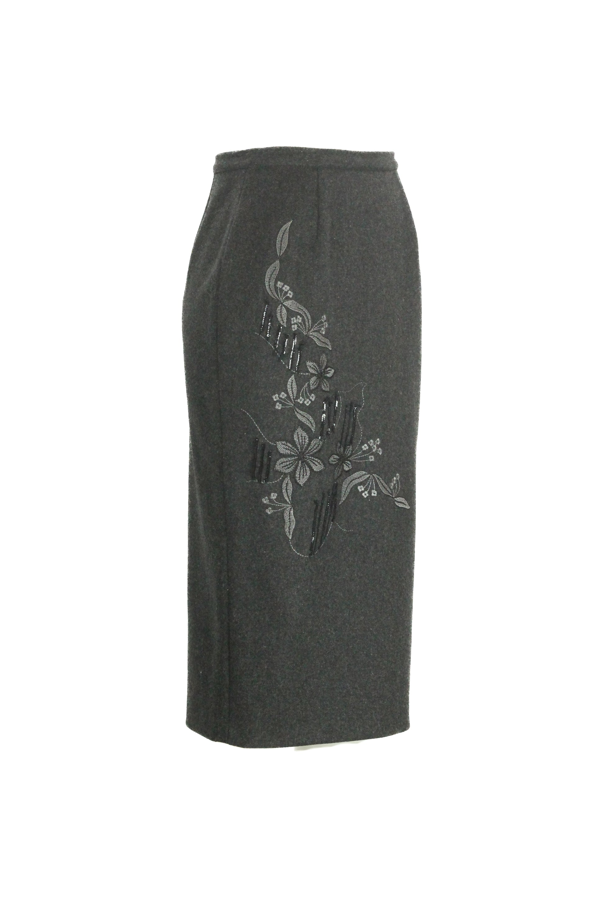 Wool midi skirt with floral embroidery and slit