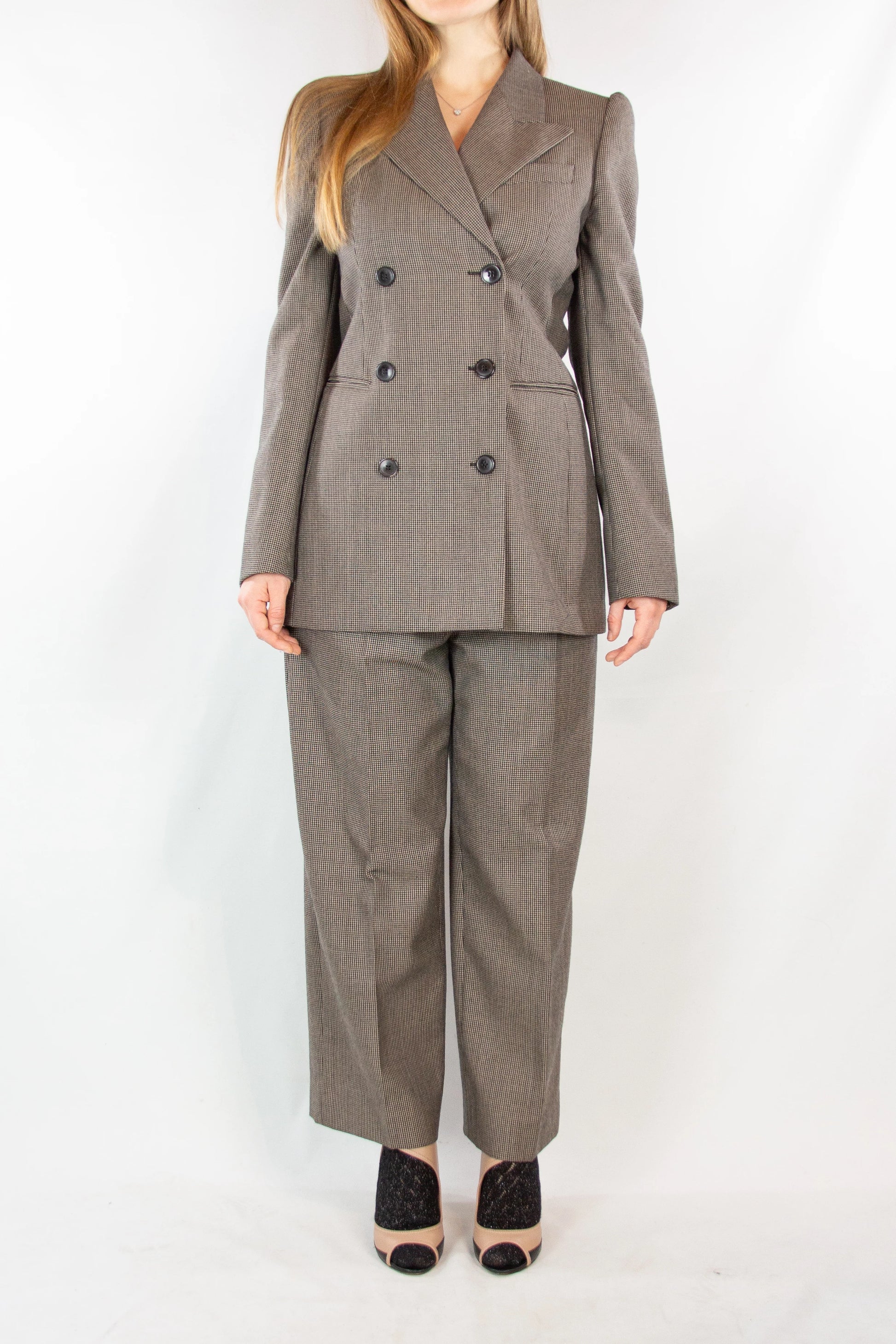 Tailleur in Micro-Checked Wool with Double-Breasted Jacket
