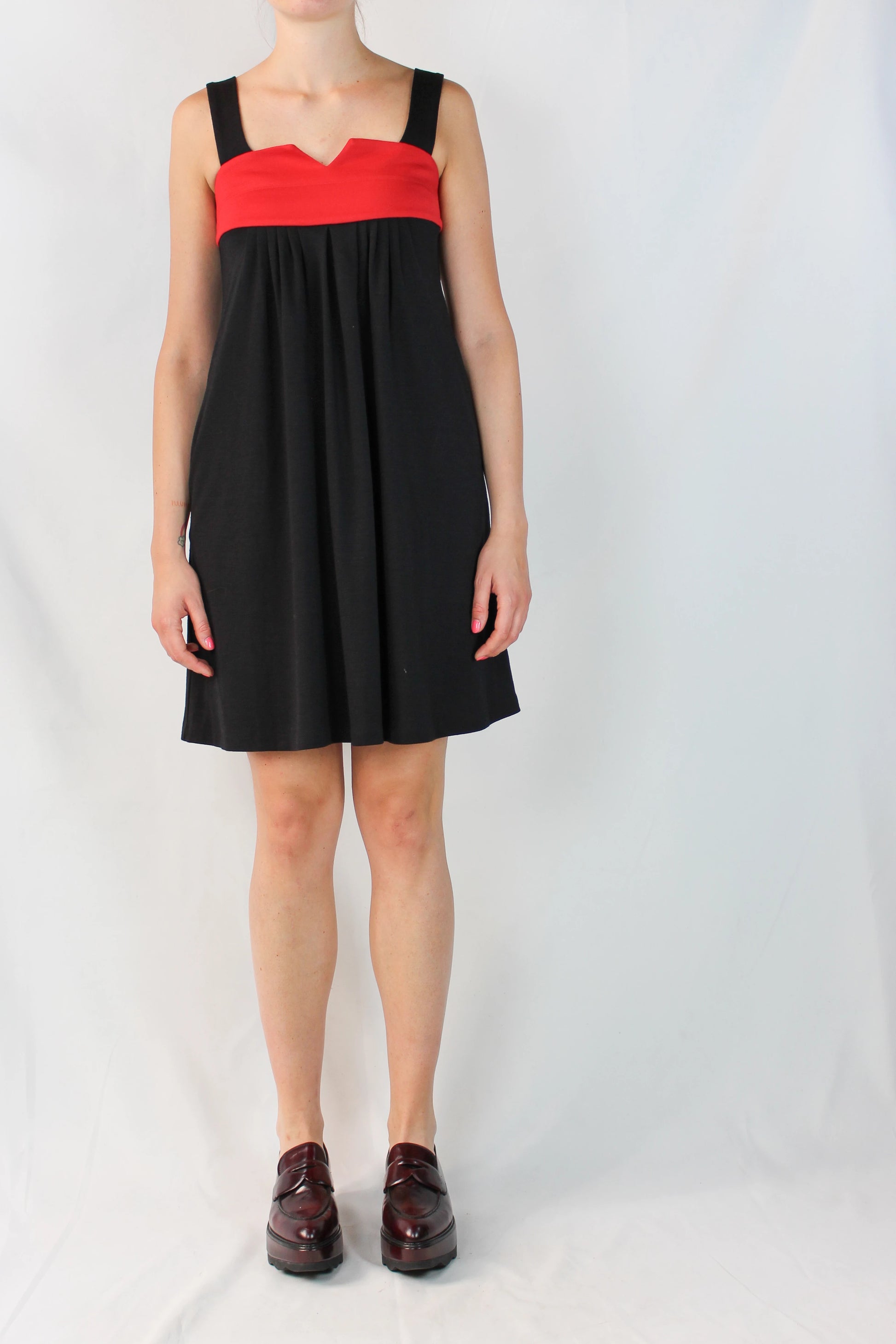 Black Ruched Dress with Red Detail and Scalloped Neckline