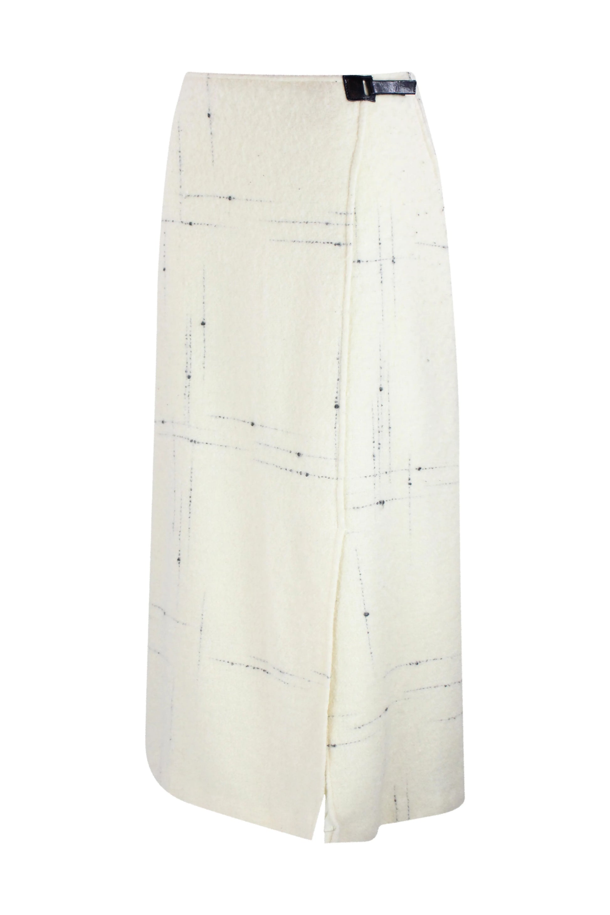 Wool wrap skirt with black stitching and leather closure