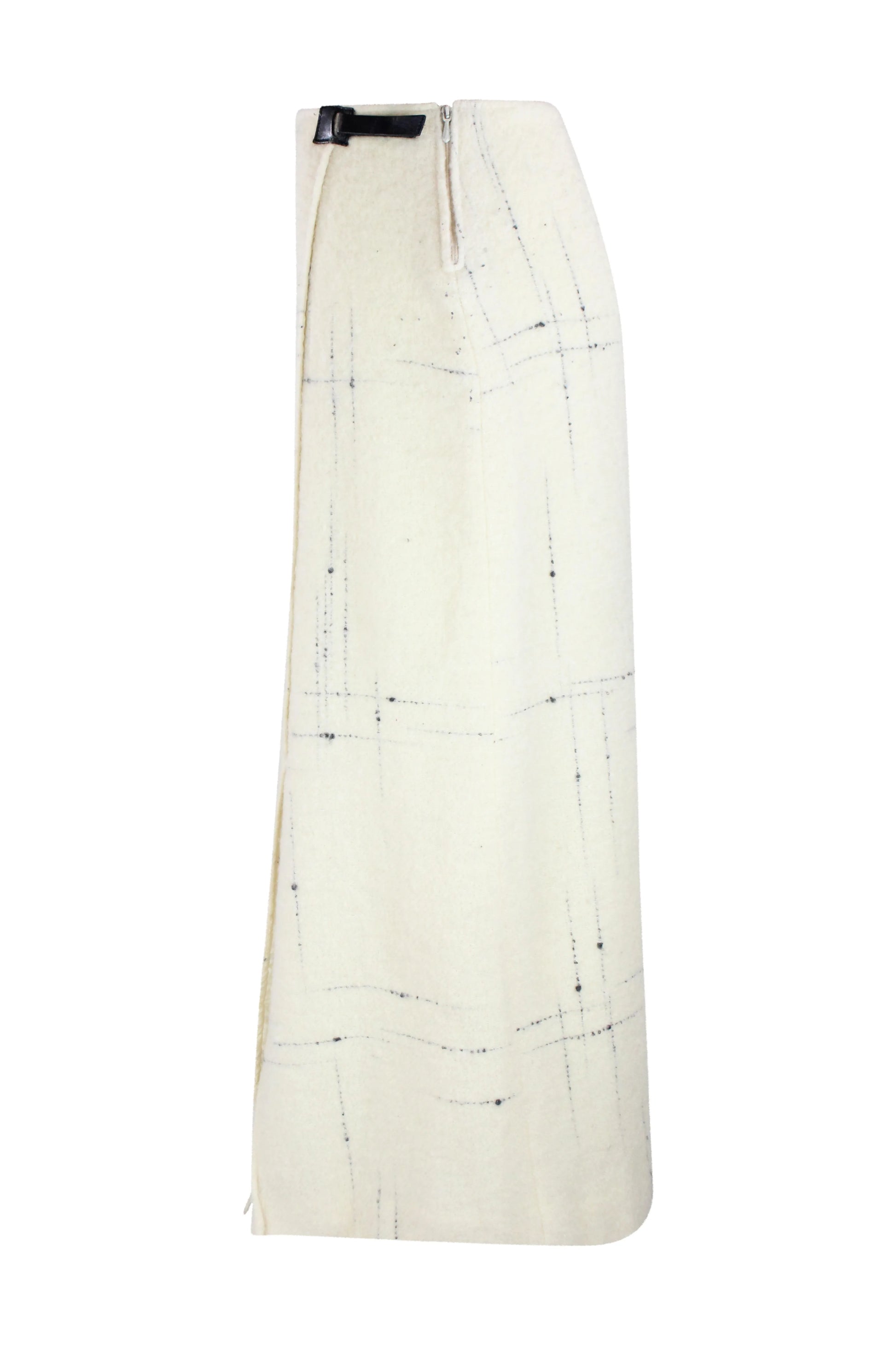 Wool wrap skirt with black stitching and leather closure