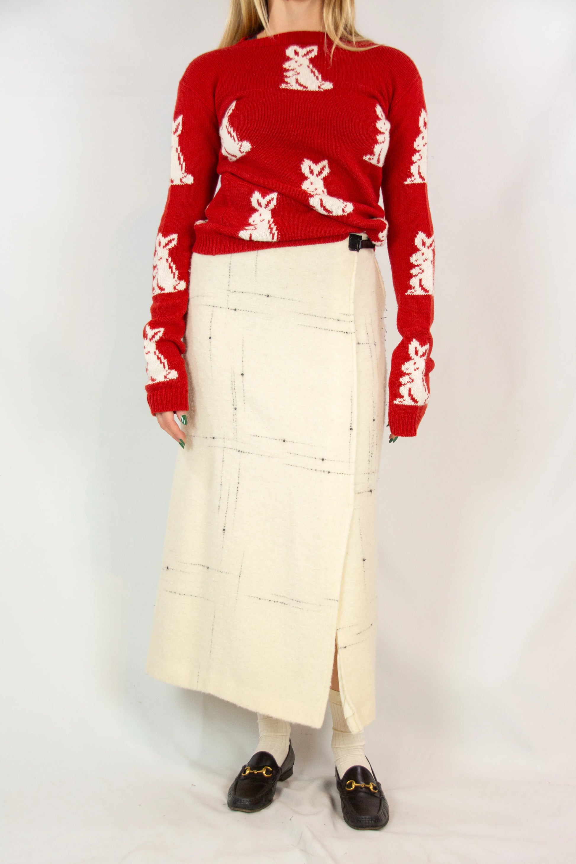Wool wrap skirt with black stitching and leather closure