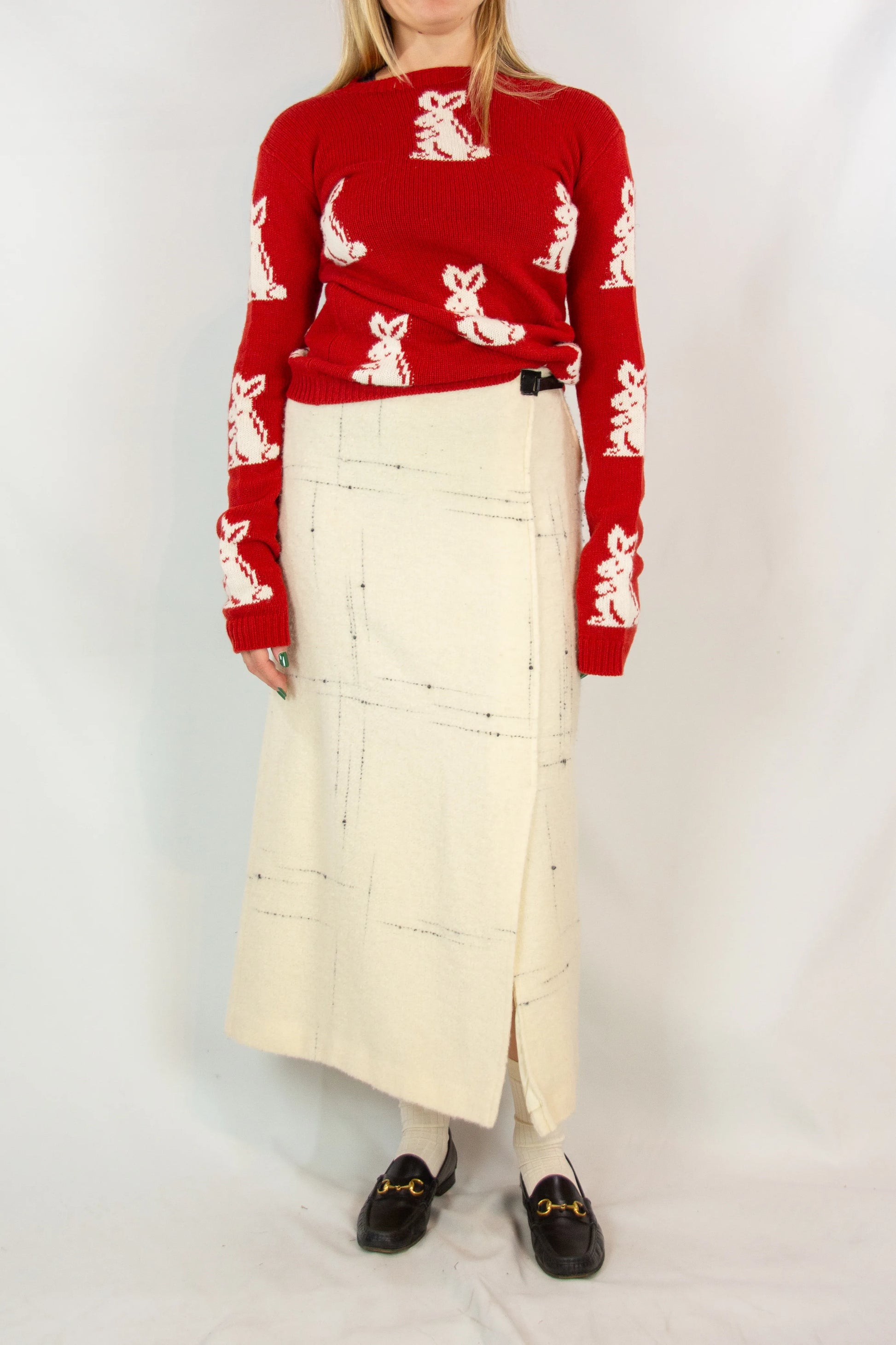 Wool wrap skirt with black stitching and leather closure