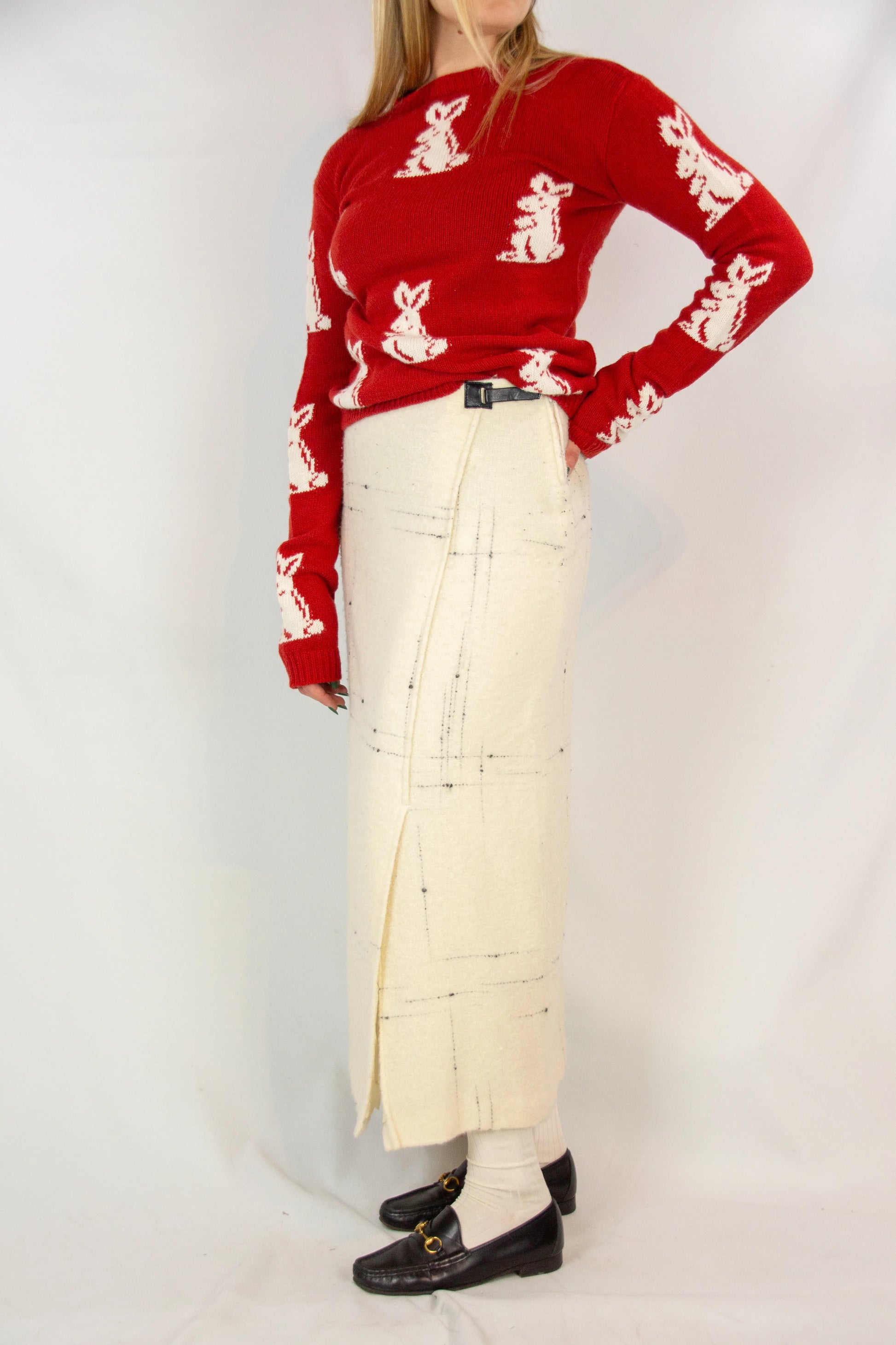 Wool wrap skirt with black stitching and leather closure