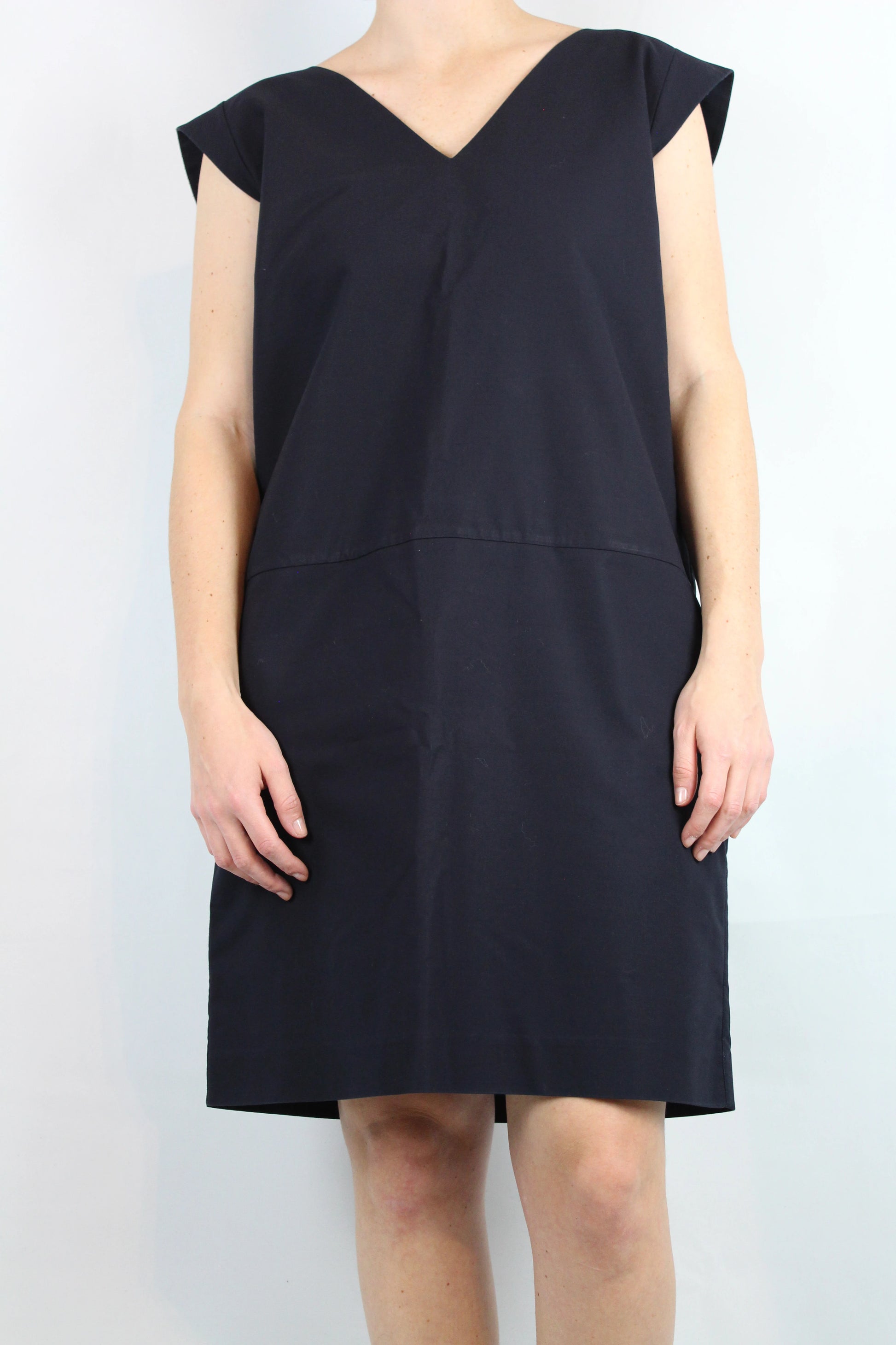 Navy Blue Cotton Straight-Cut Dress with V-Neckline