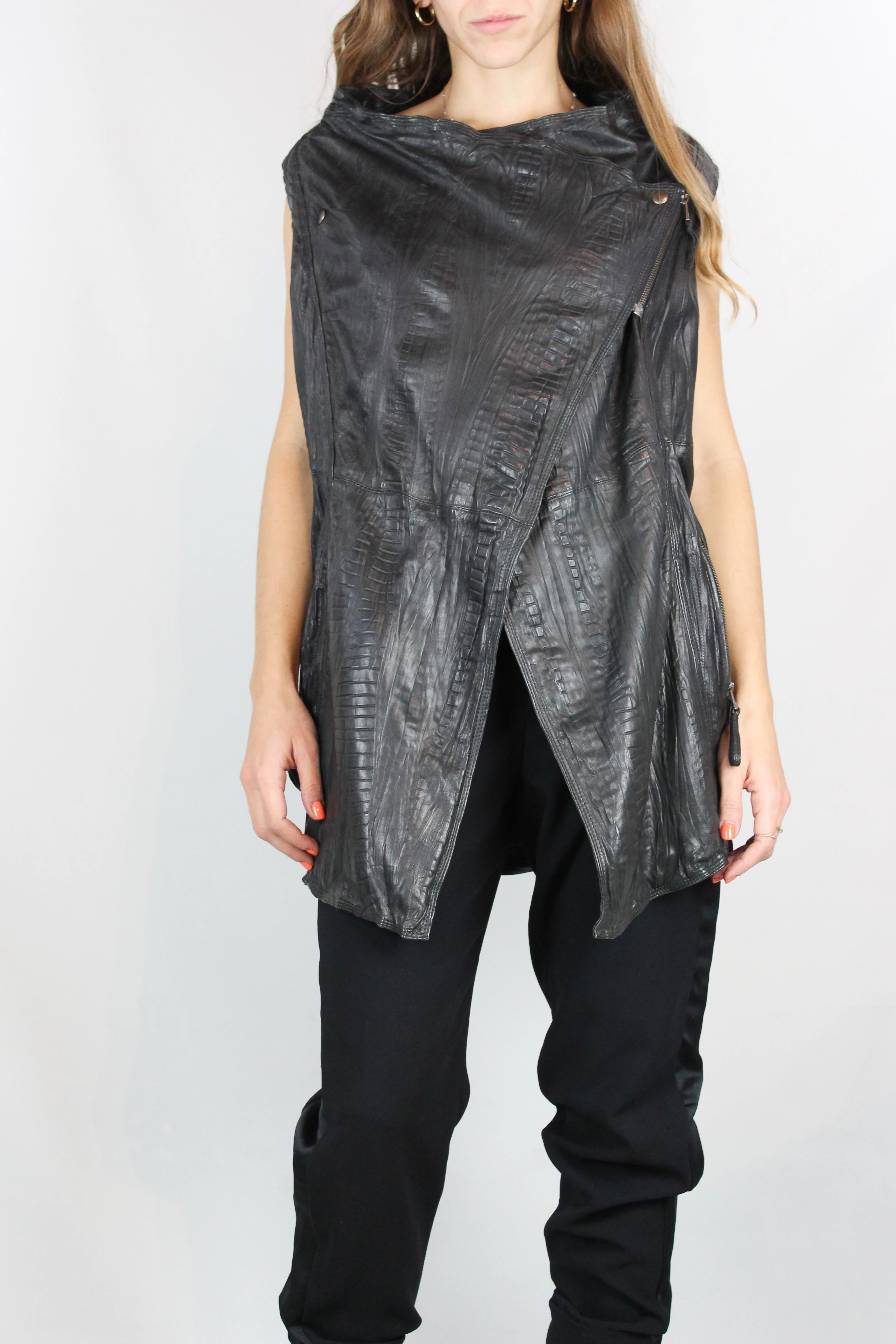 Black Leather Asymmetric Gilet