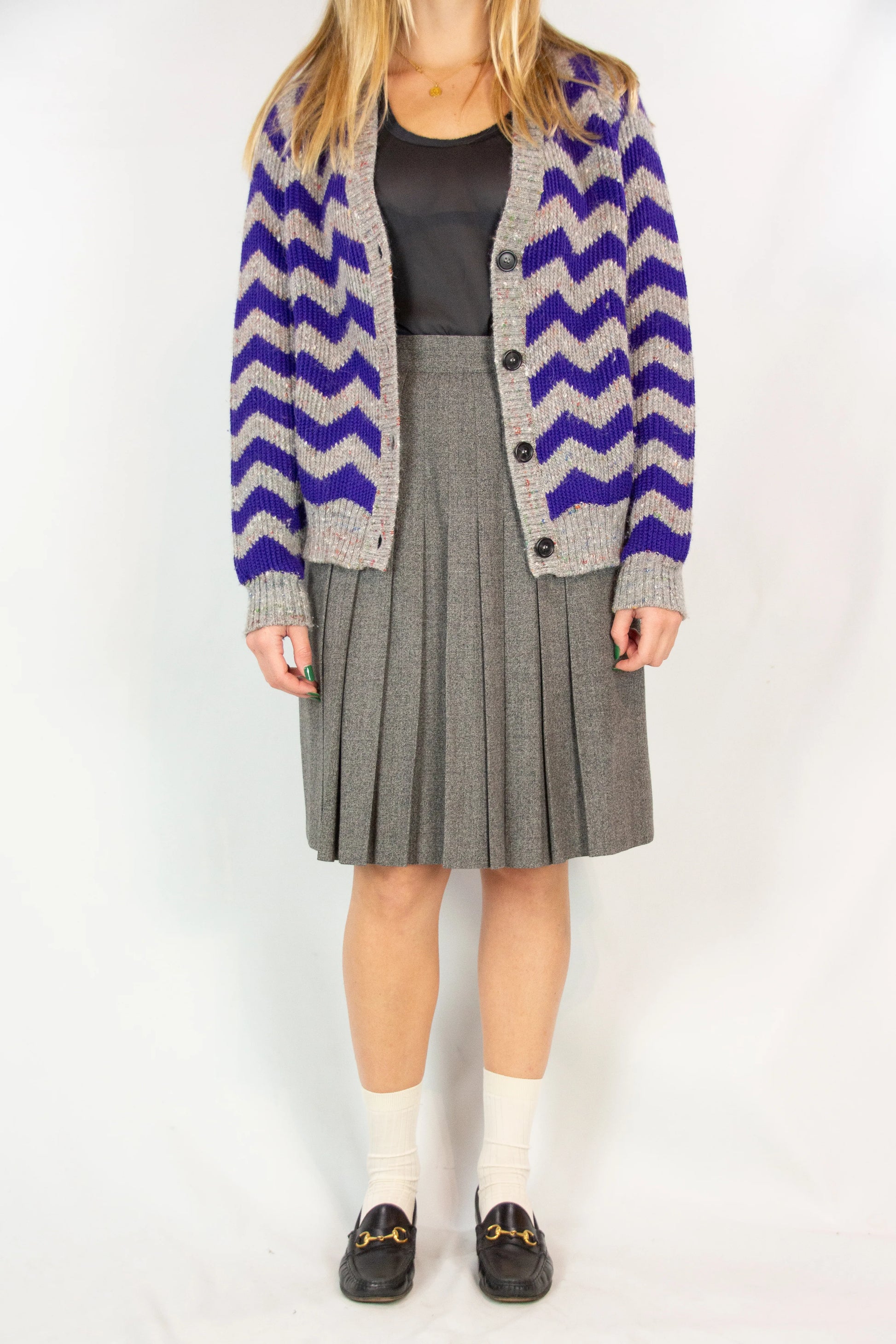 Grey Wool Pleated Skirt with High Waist