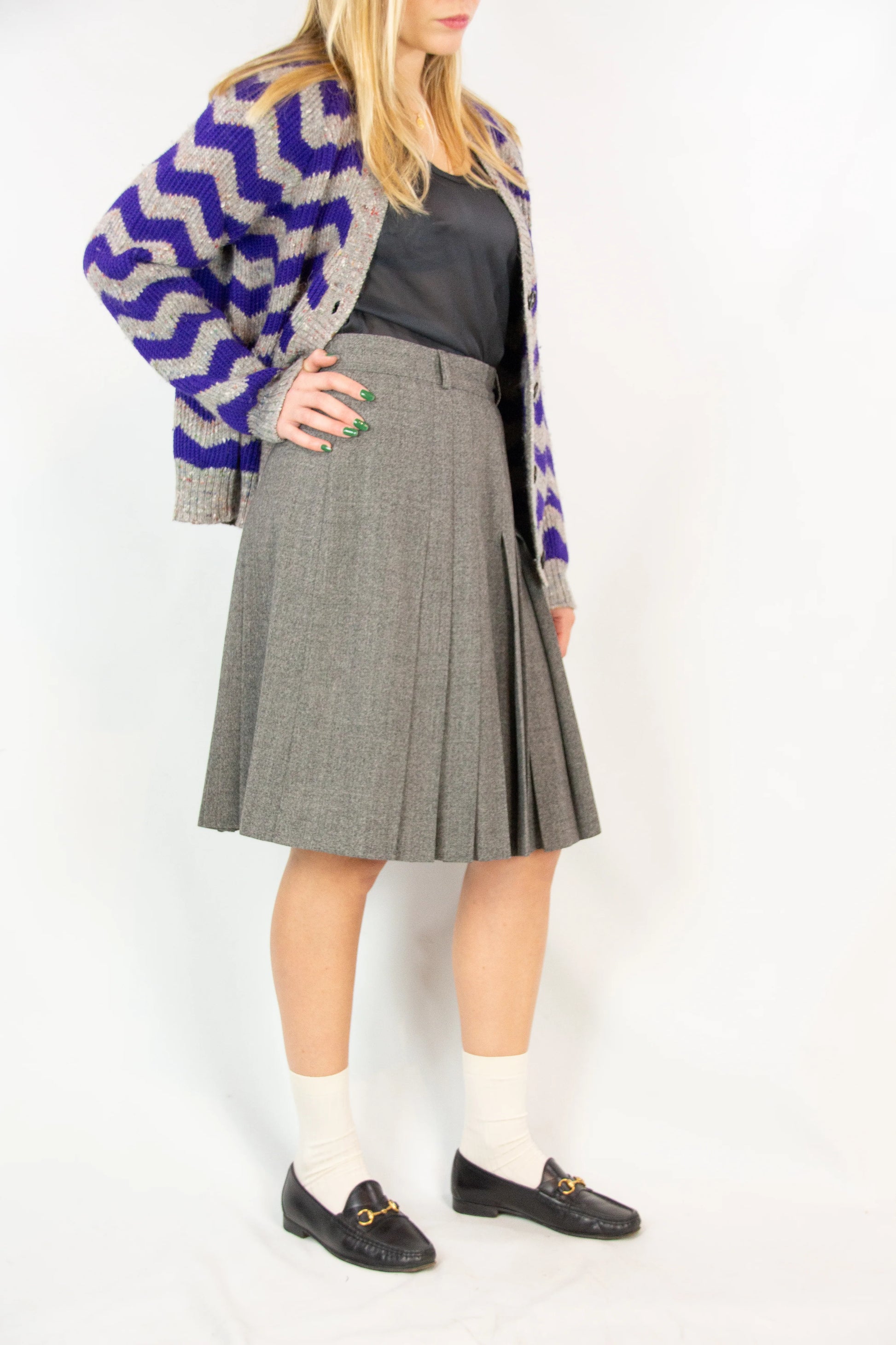Grey Wool Pleated Skirt with High Waist