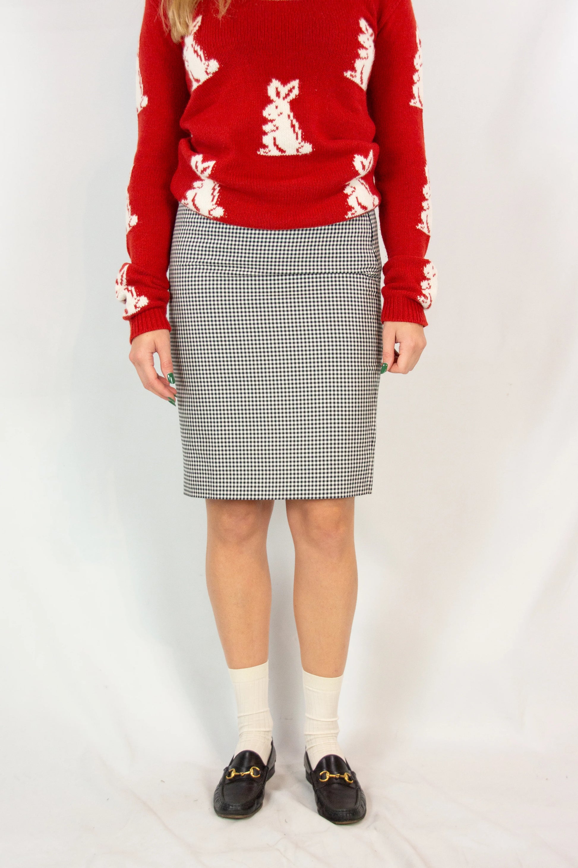 Black and white micro-check pencil skirt
