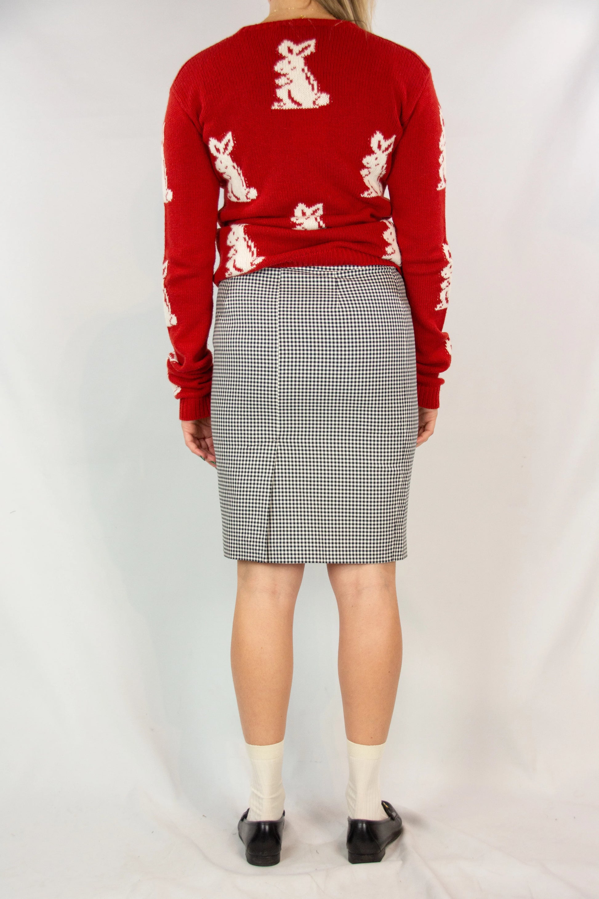 Black and white micro-check pencil skirt