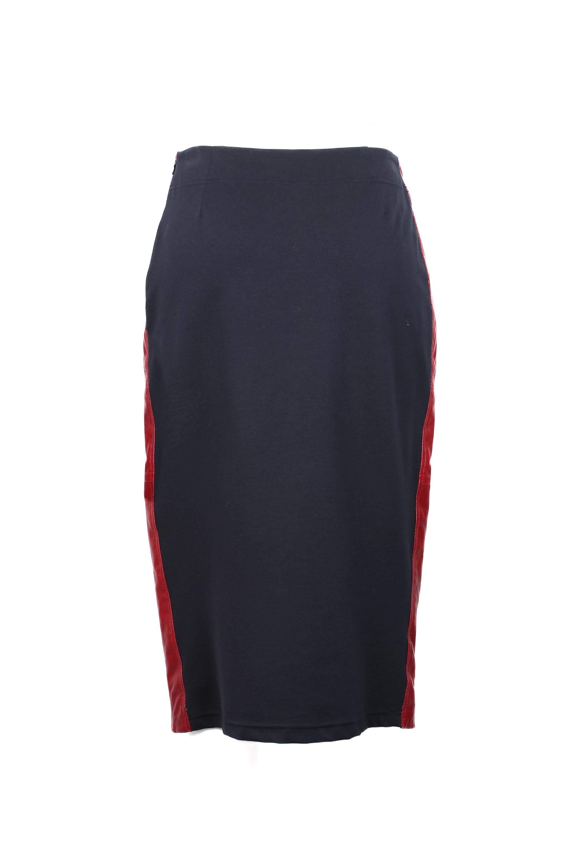Leather and navy jersey pencil skirt with red trims