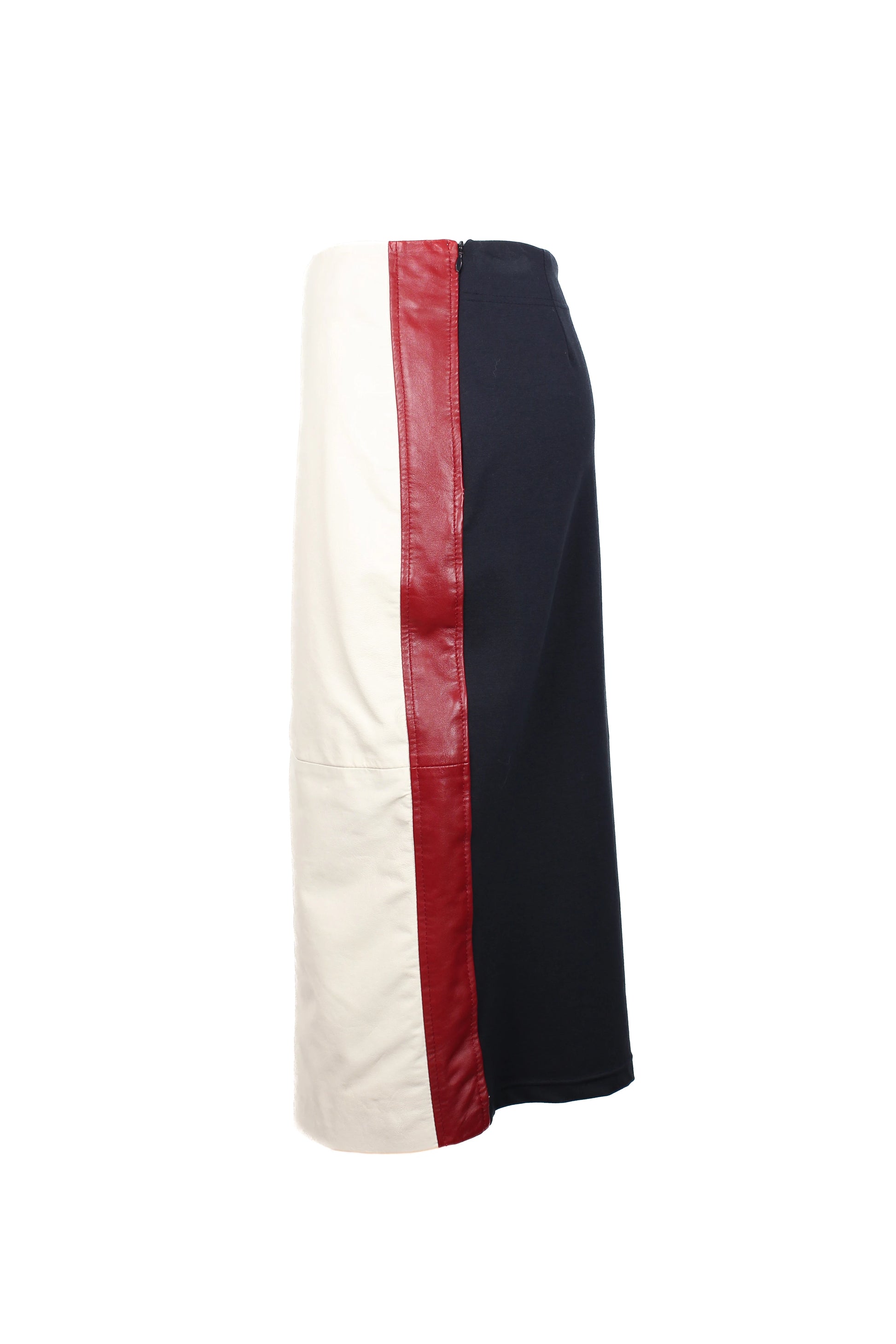 Leather and navy jersey pencil skirt with red trims