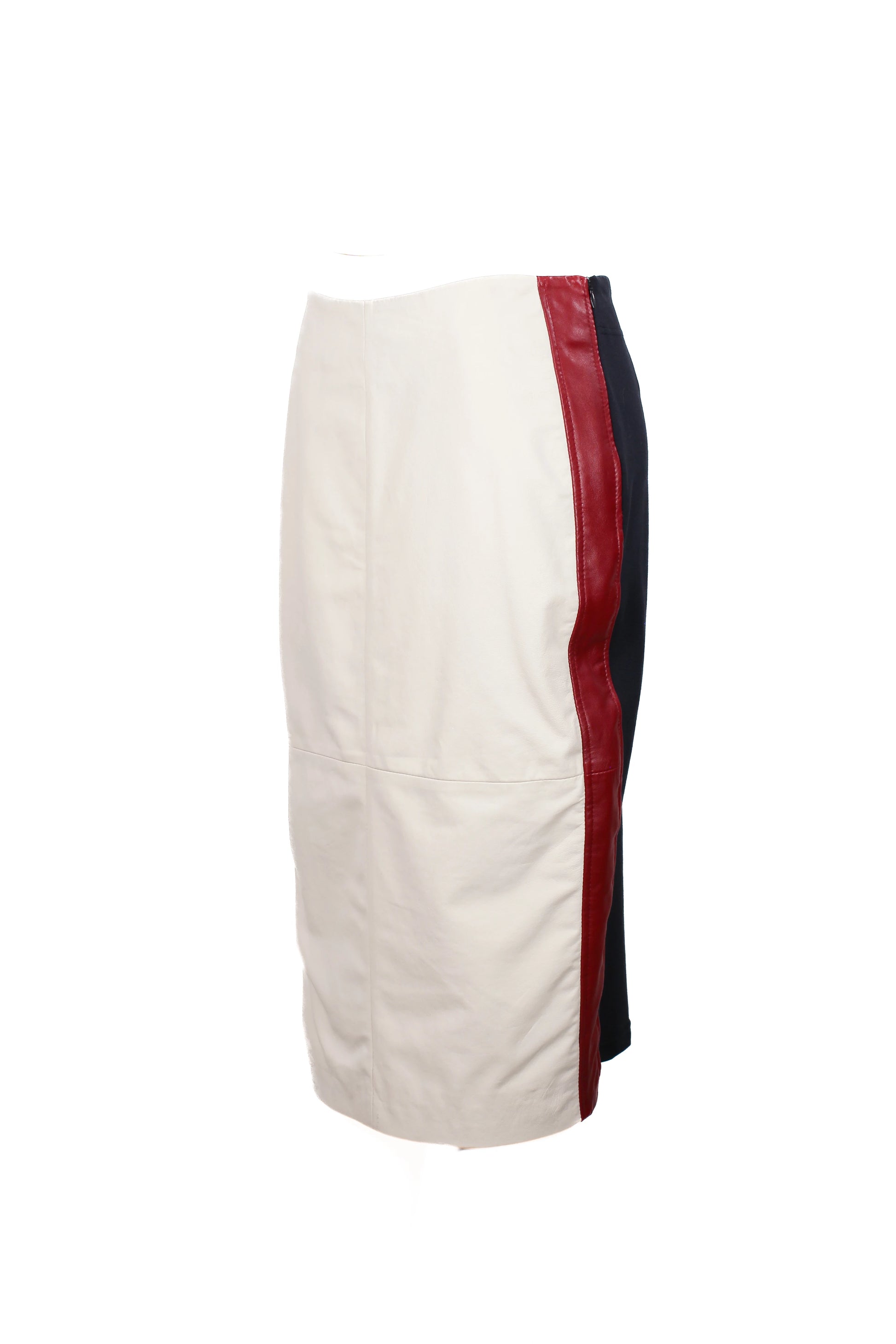Leather and navy jersey pencil skirt with red trims