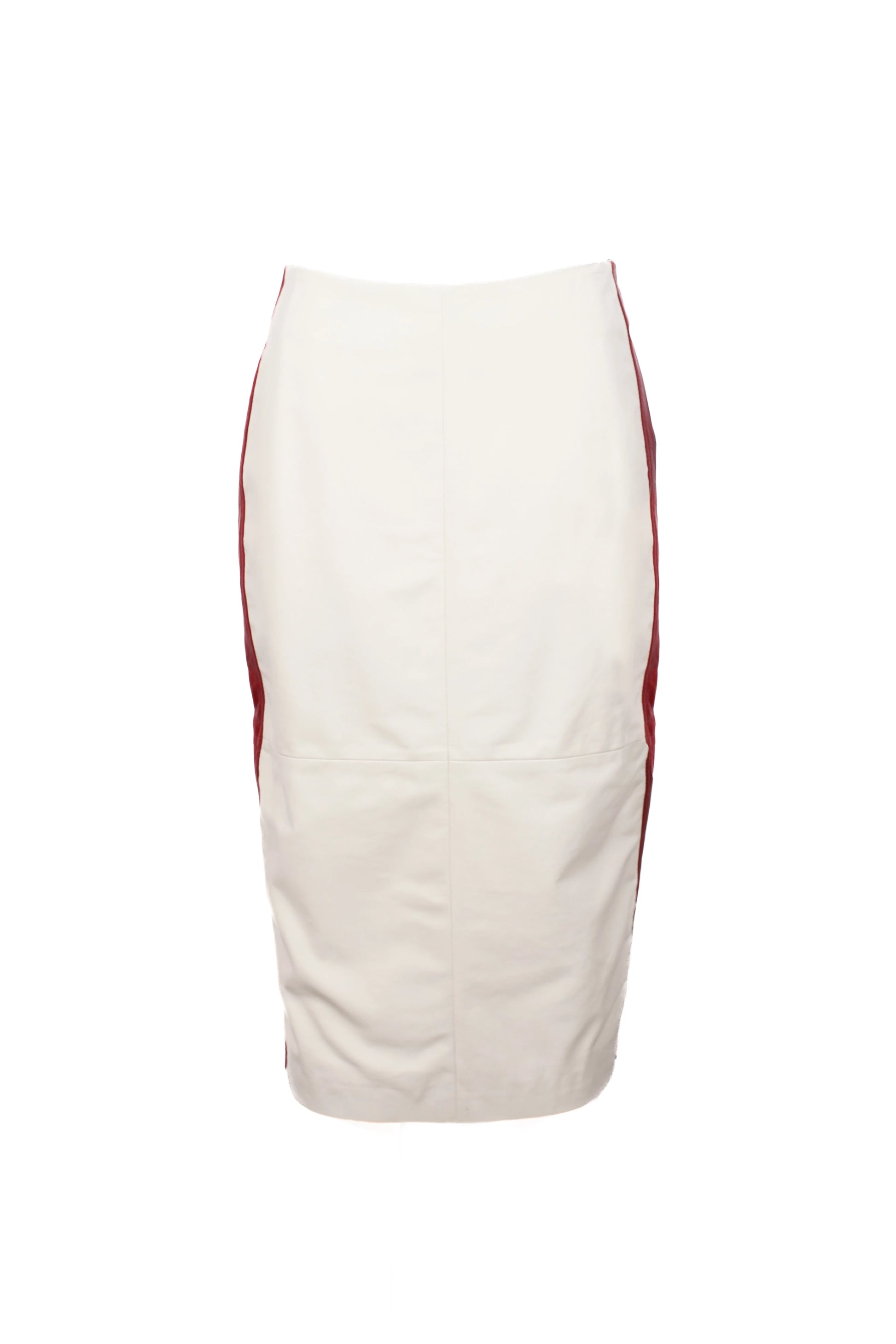 Leather and navy jersey pencil skirt with red trims