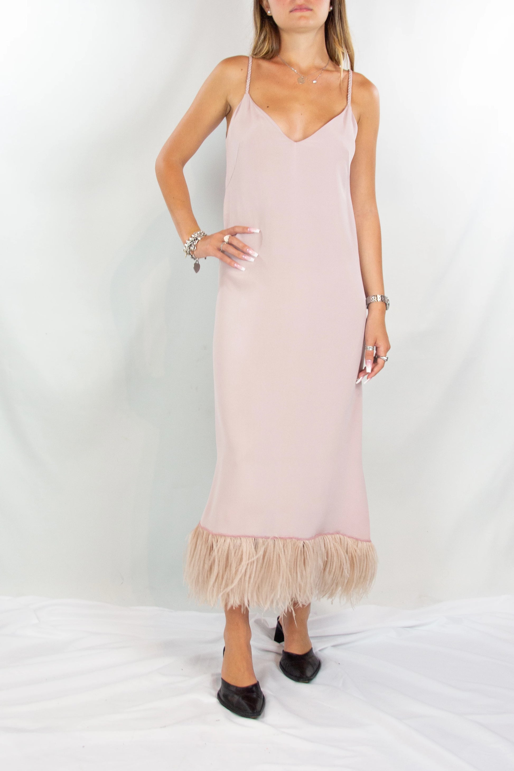 Antique Pink Silk Dress with Feather Hem and Flowing Silhouette