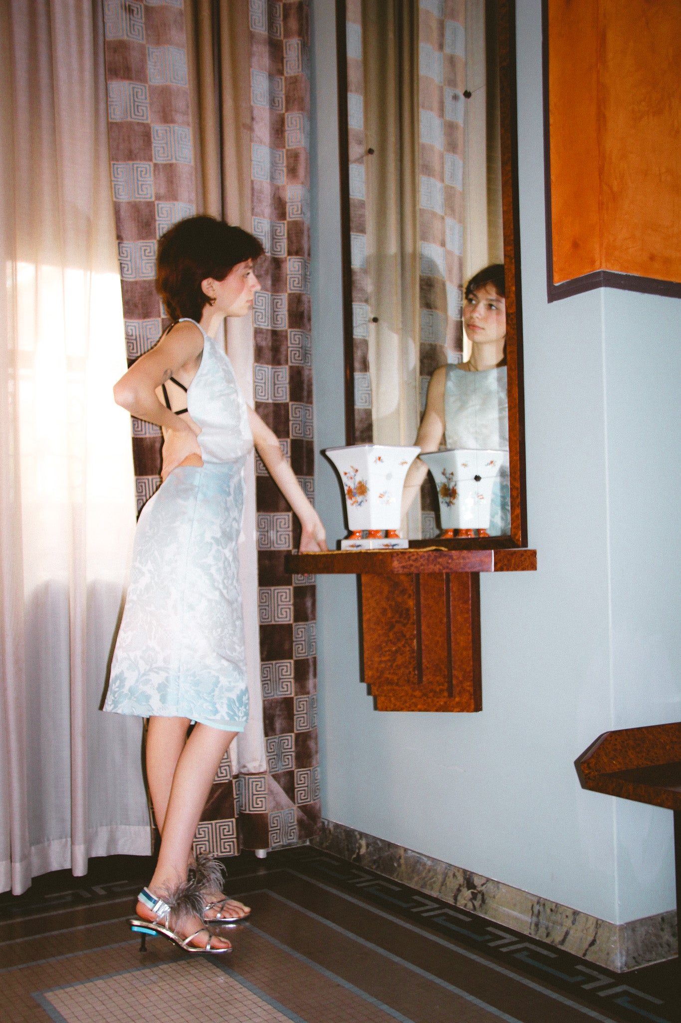 Light Blue Textured Backless Dress with Harness Detail SS2011