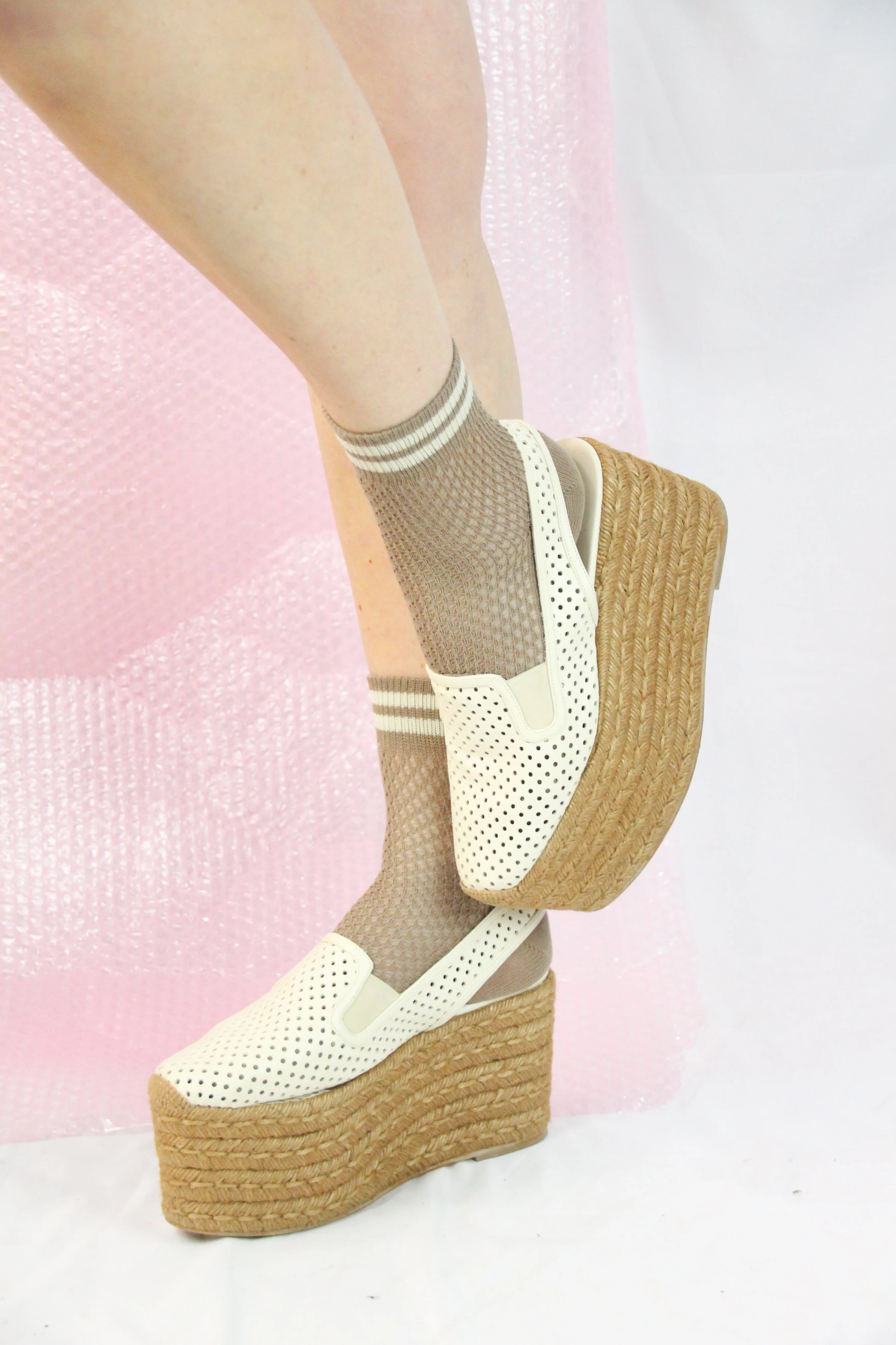 White Platform Espadrilles in Perforated Fabric