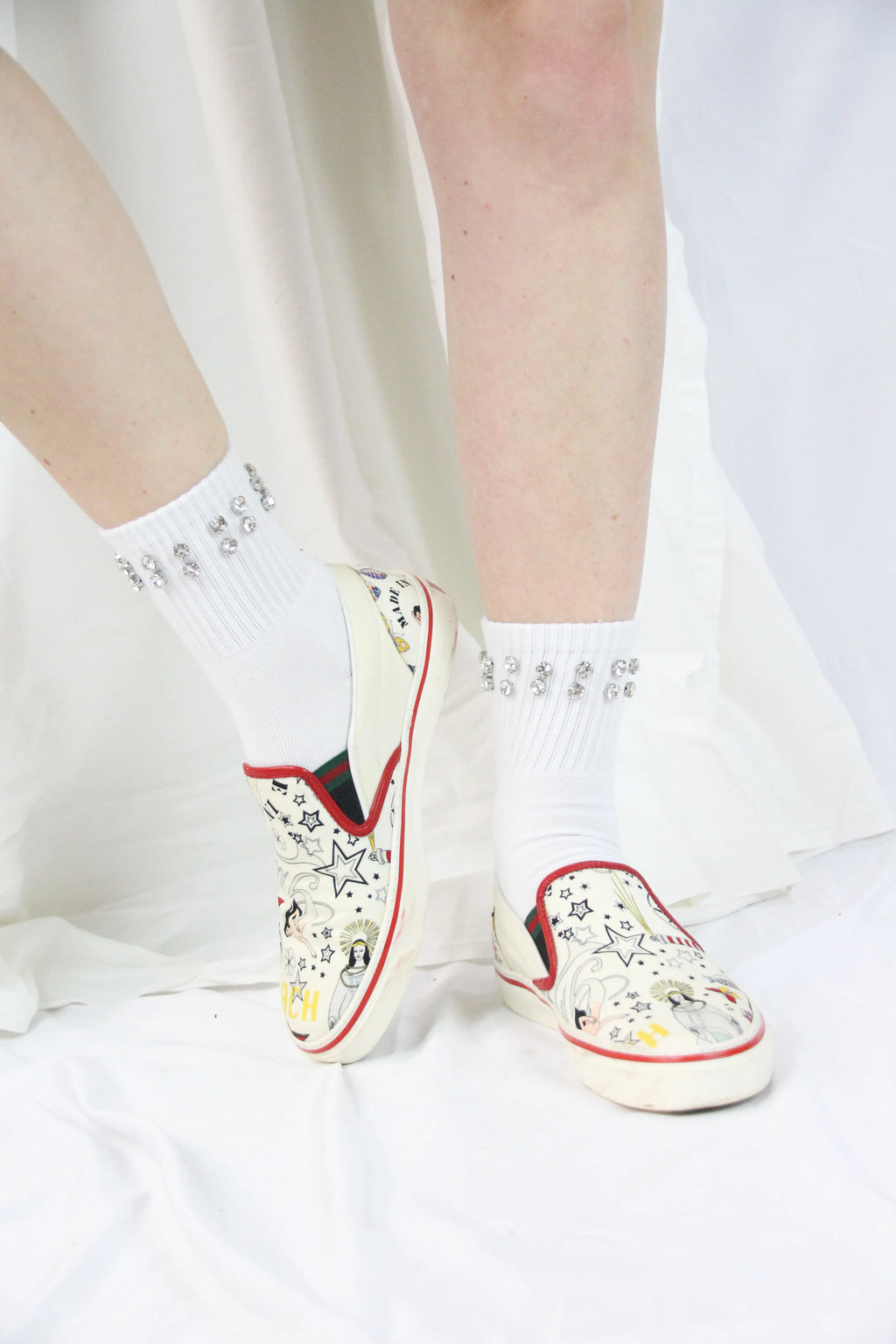 White Canvas Slip-On Sneakers with Tattoo-Inspired Print