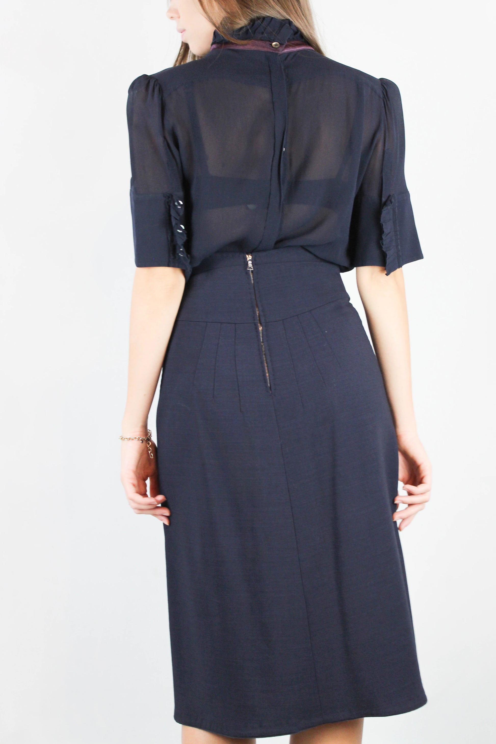 Navy Silk Ruched Blouse
