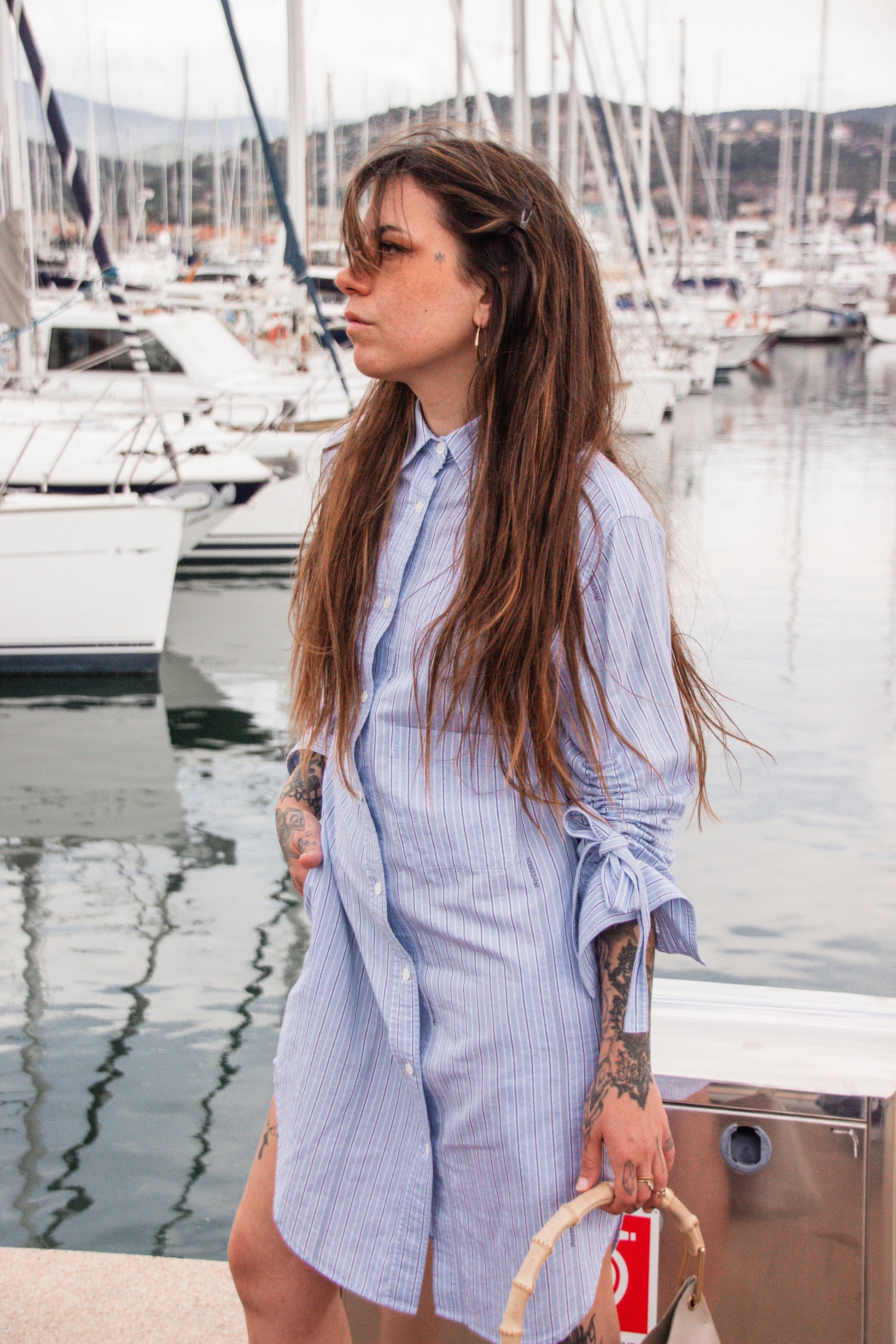 Chemisier Dress with Ruched Ribbon Sleeves