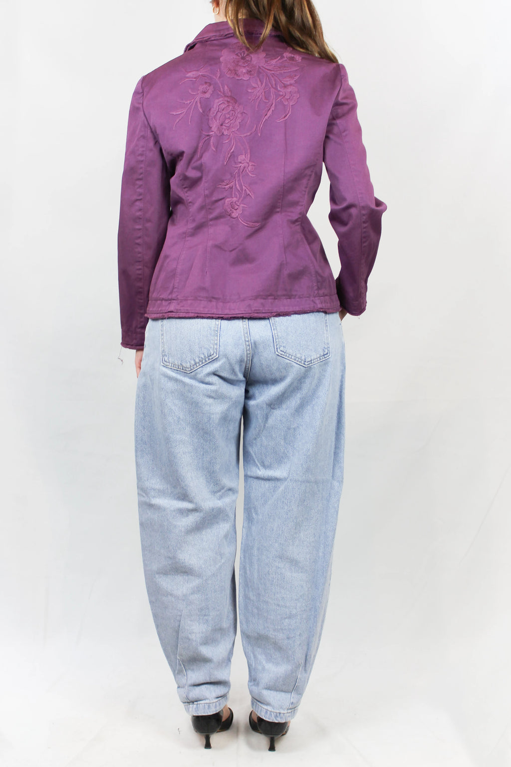 Purple Cotton Blazer with Tonal Floral Embroidery