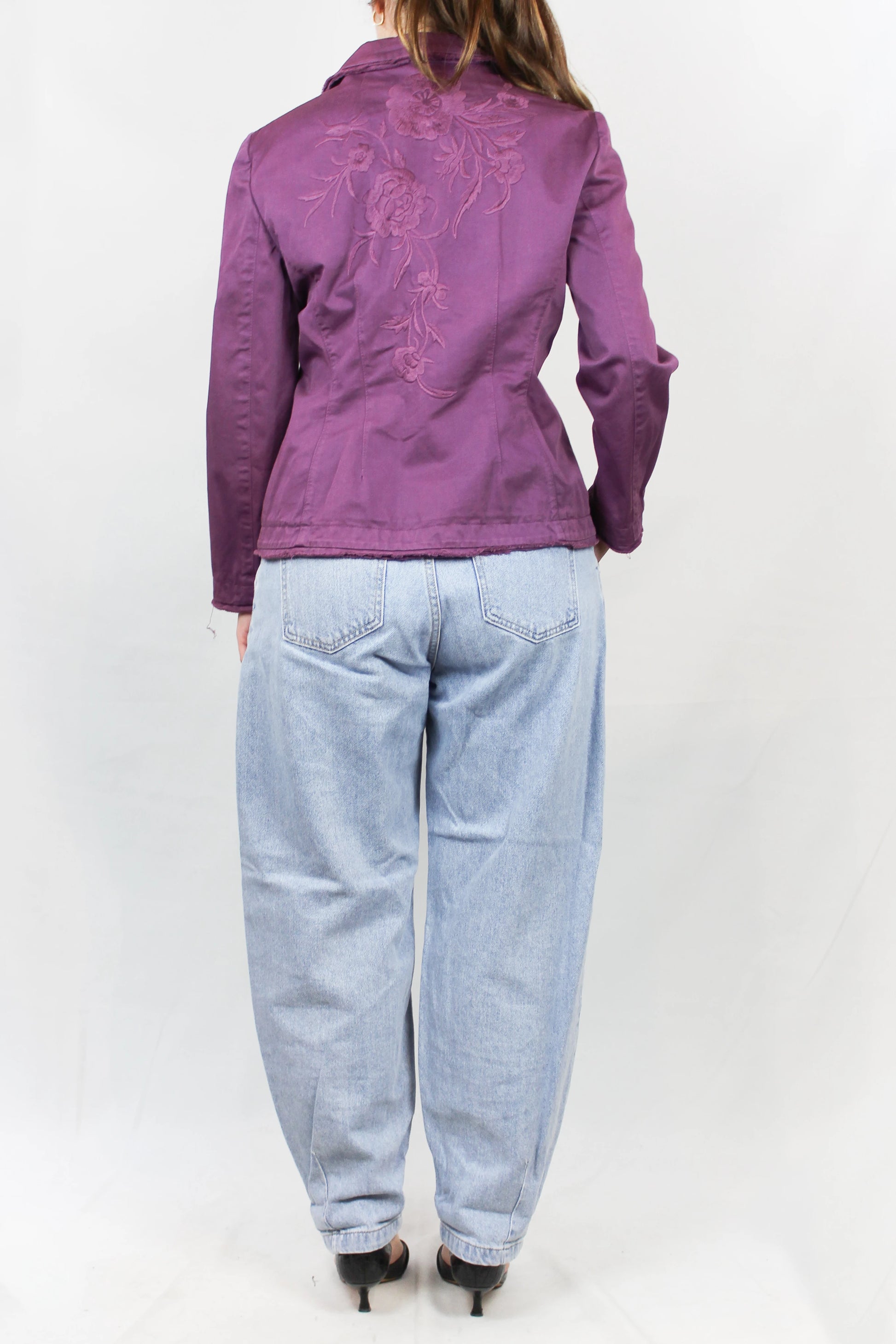 Purple Cotton Blazer with Tonal Floral Embroidery