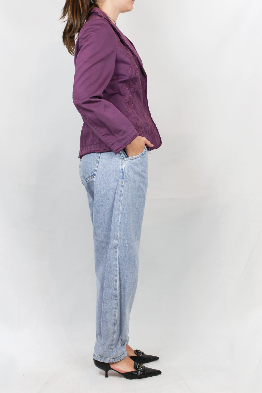 Purple Cotton Blazer with Tonal Floral Embroidery