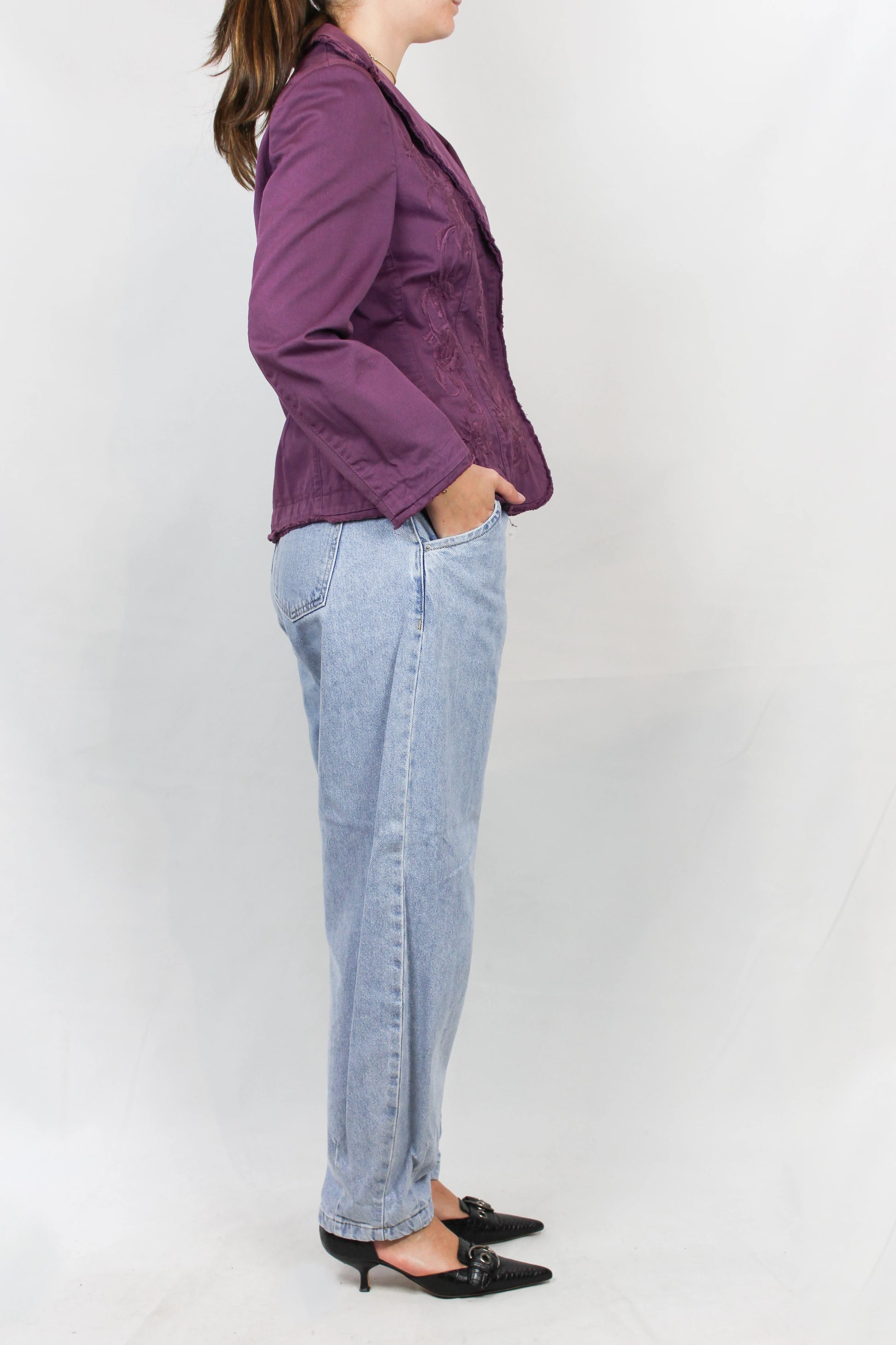 Purple Cotton Blazer with Tonal Floral Embroidery