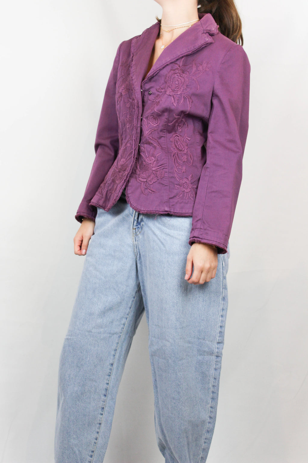Purple Cotton Blazer with Tonal Floral Embroidery