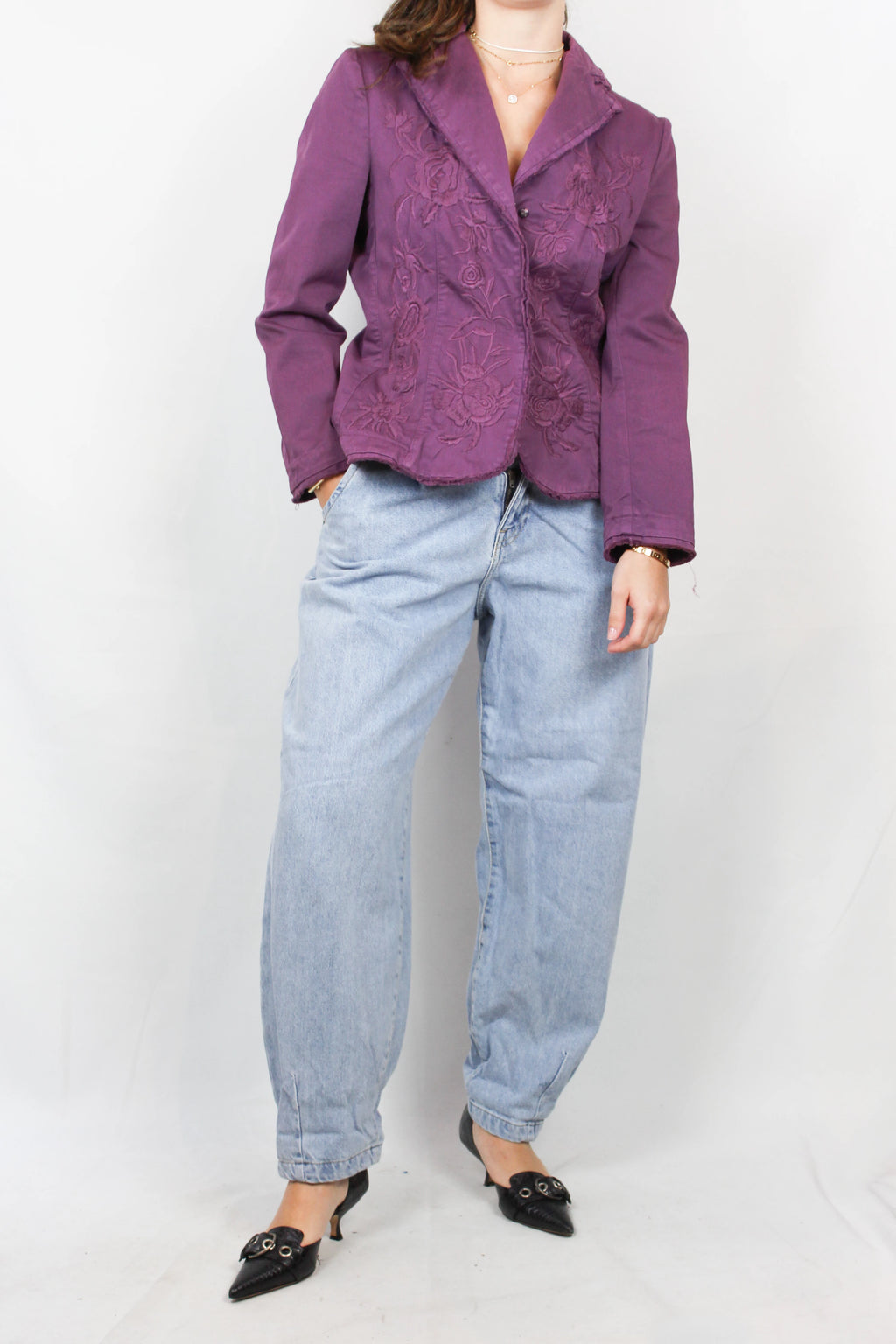 Purple Cotton Blazer with Tonal Floral Embroidery