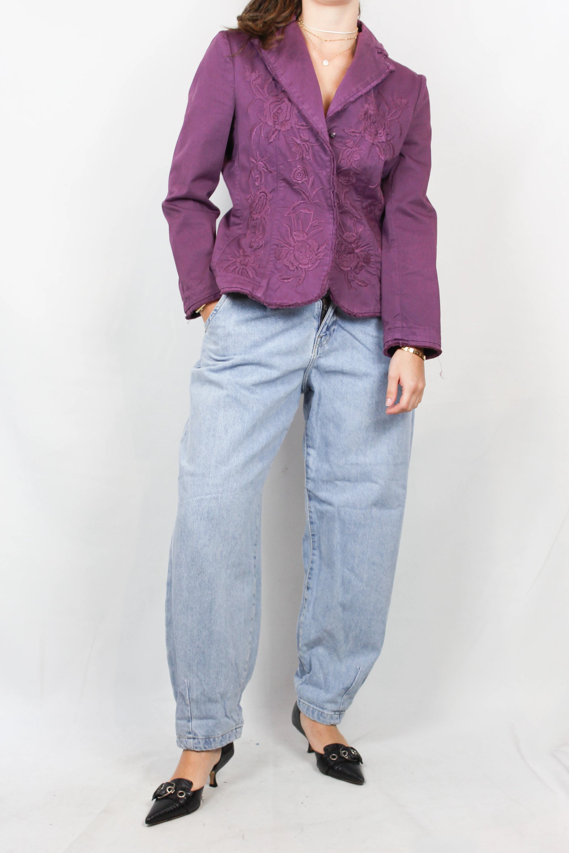 Purple Cotton Blazer with Tonal Floral Embroidery