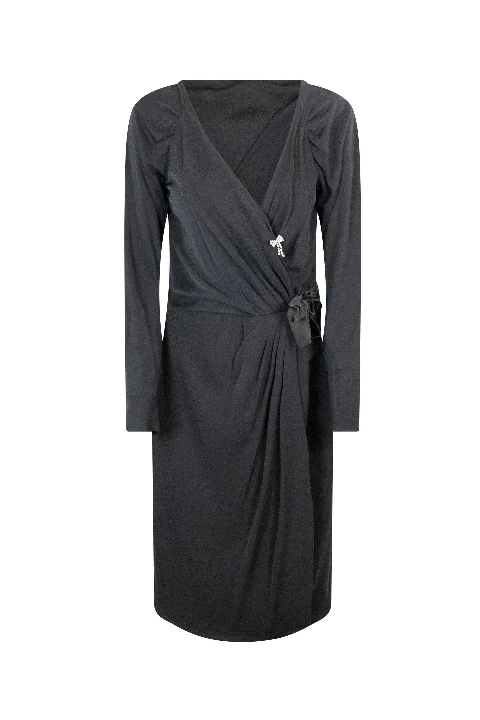 Black V-Neck Wrap Dress with Long Sleeves