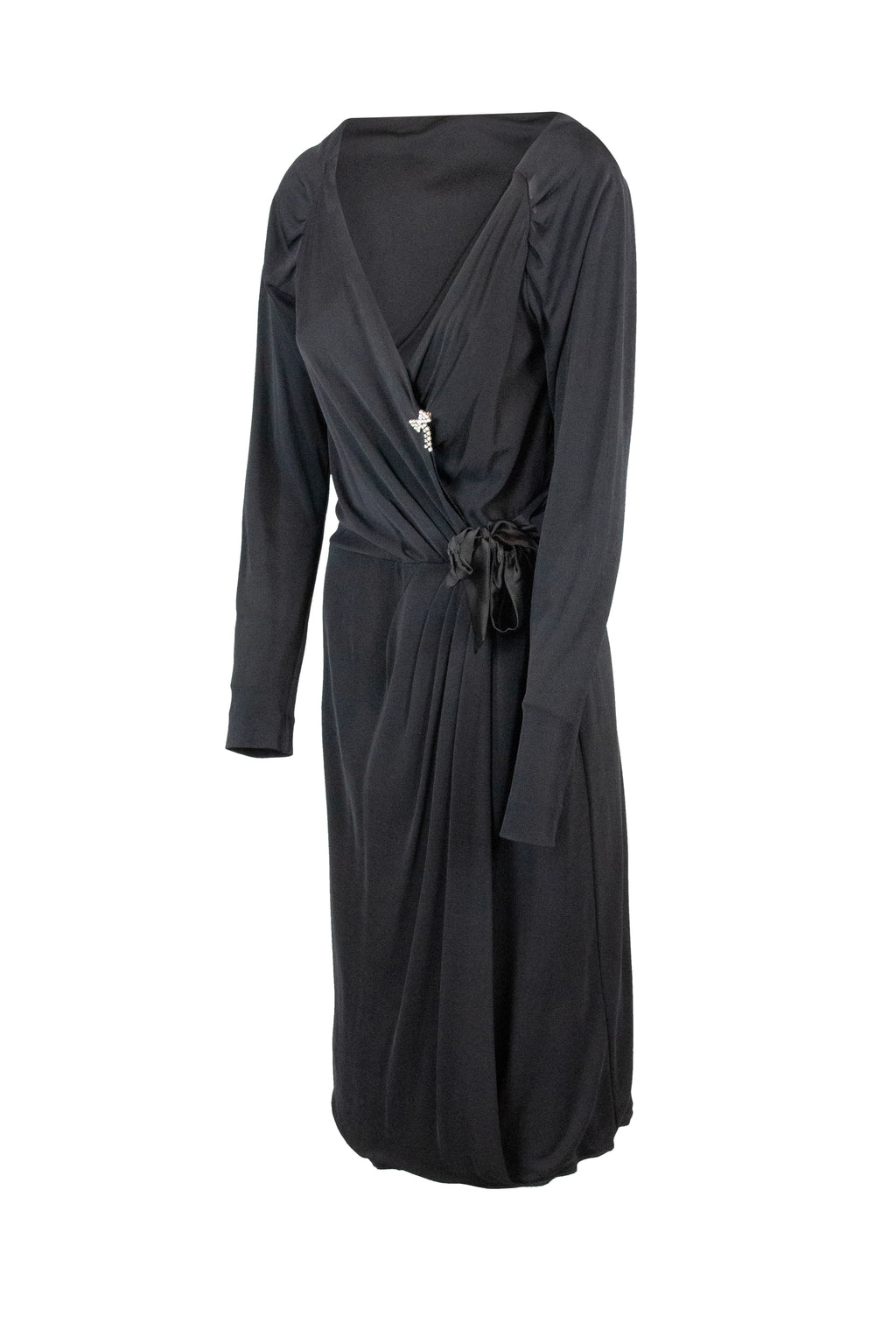 Black V-Neck Wrap Dress with Long Sleeves
