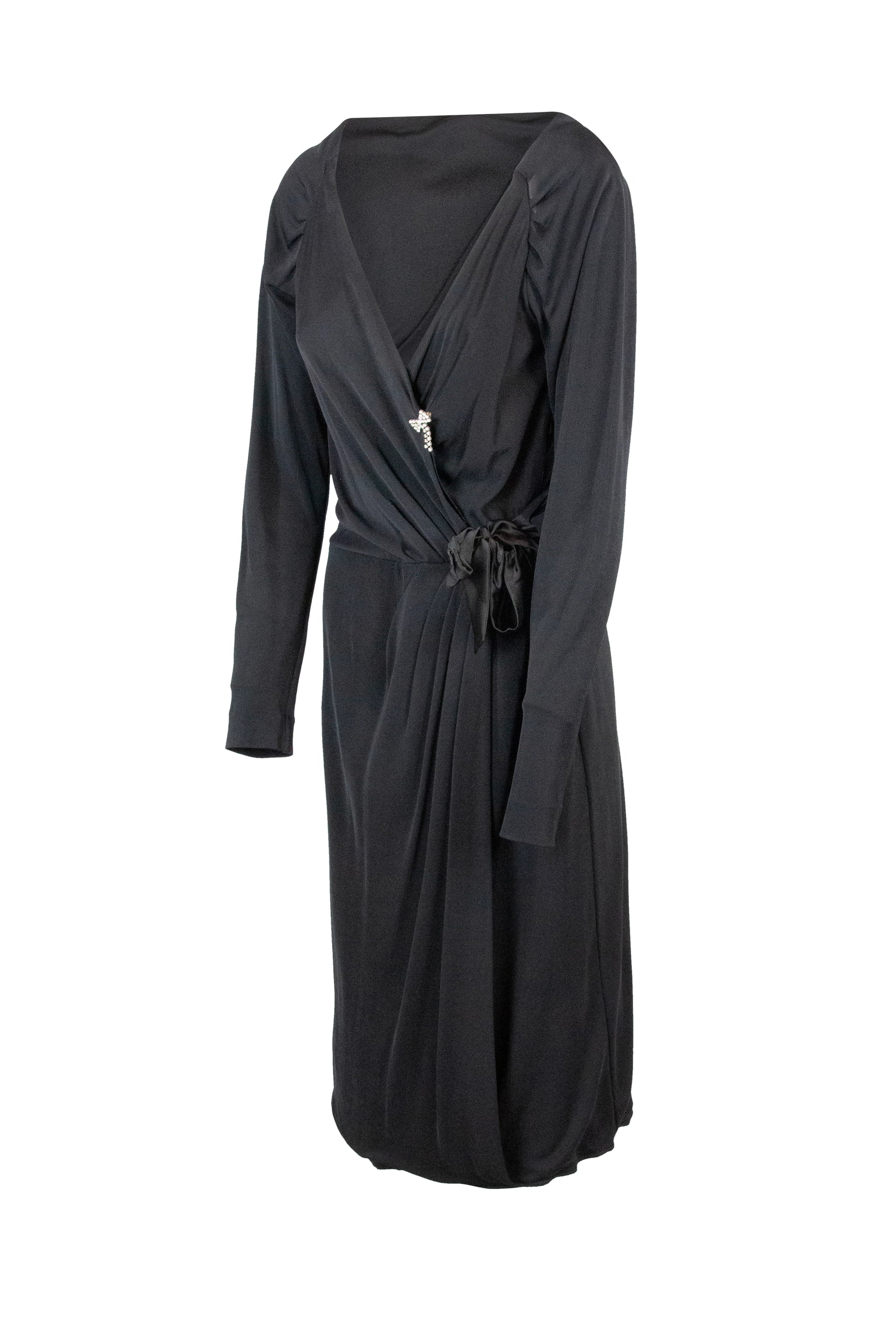 Black V-Neck Wrap Dress with Long Sleeves