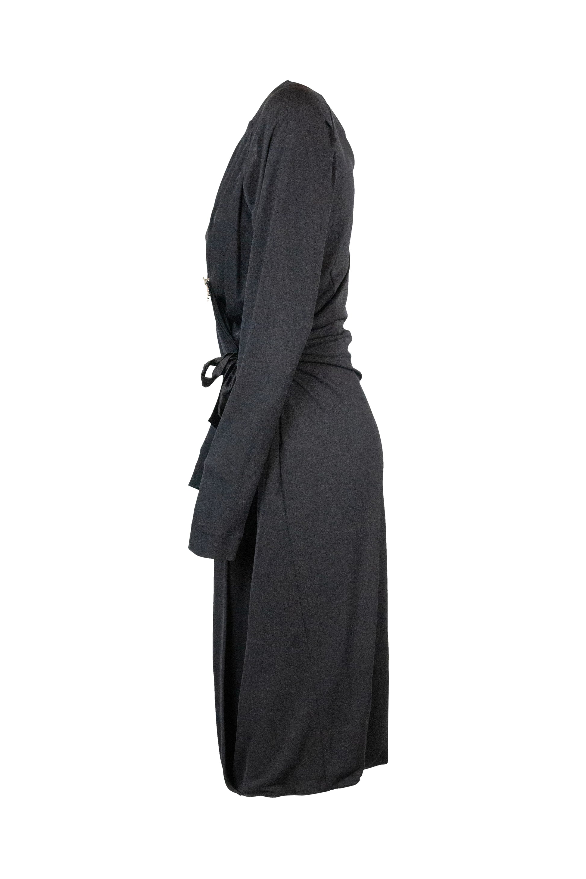 Black V-Neck Wrap Dress with Long Sleeves