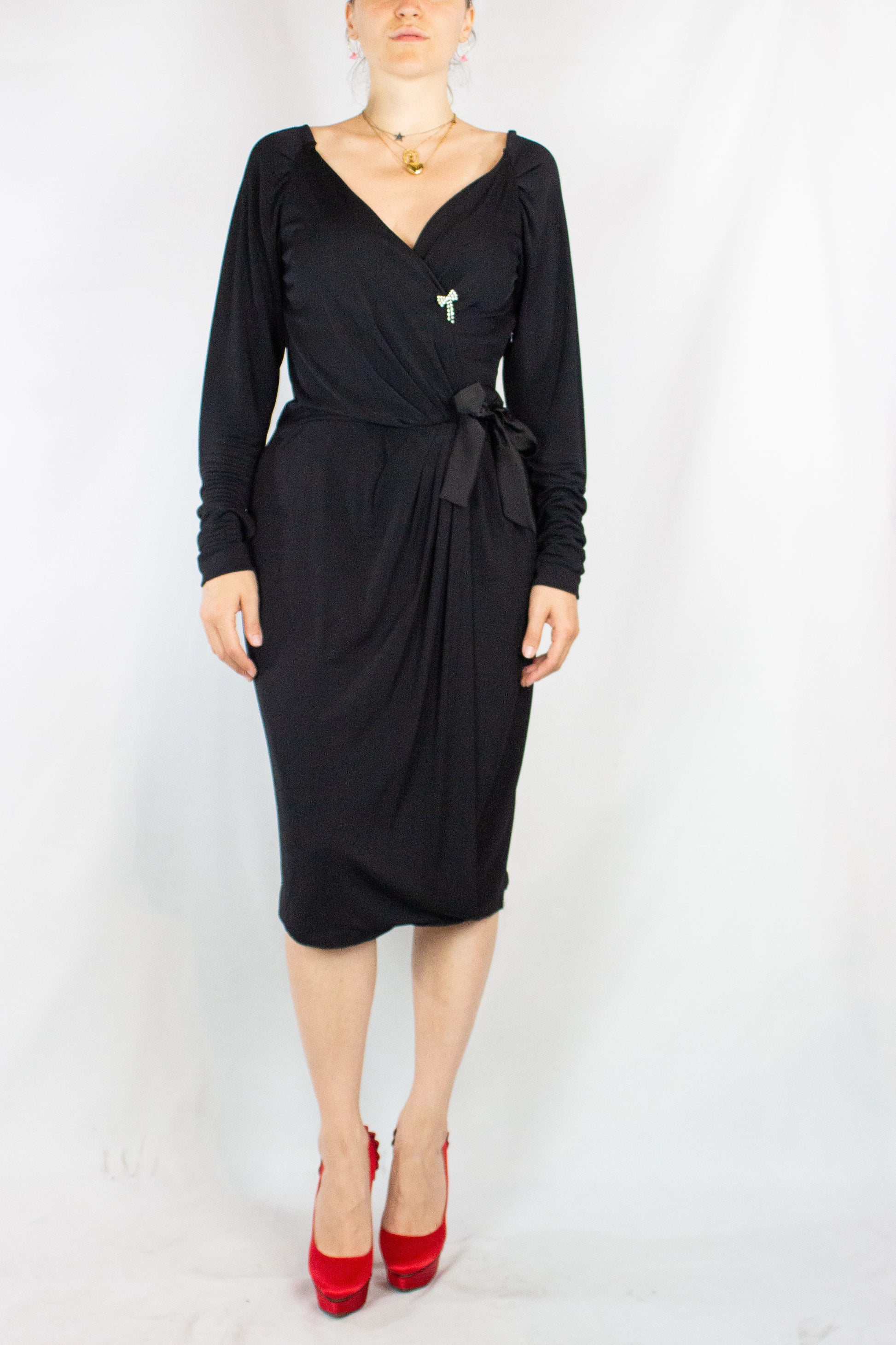 Black V-Neck Wrap Dress with Long Sleeves