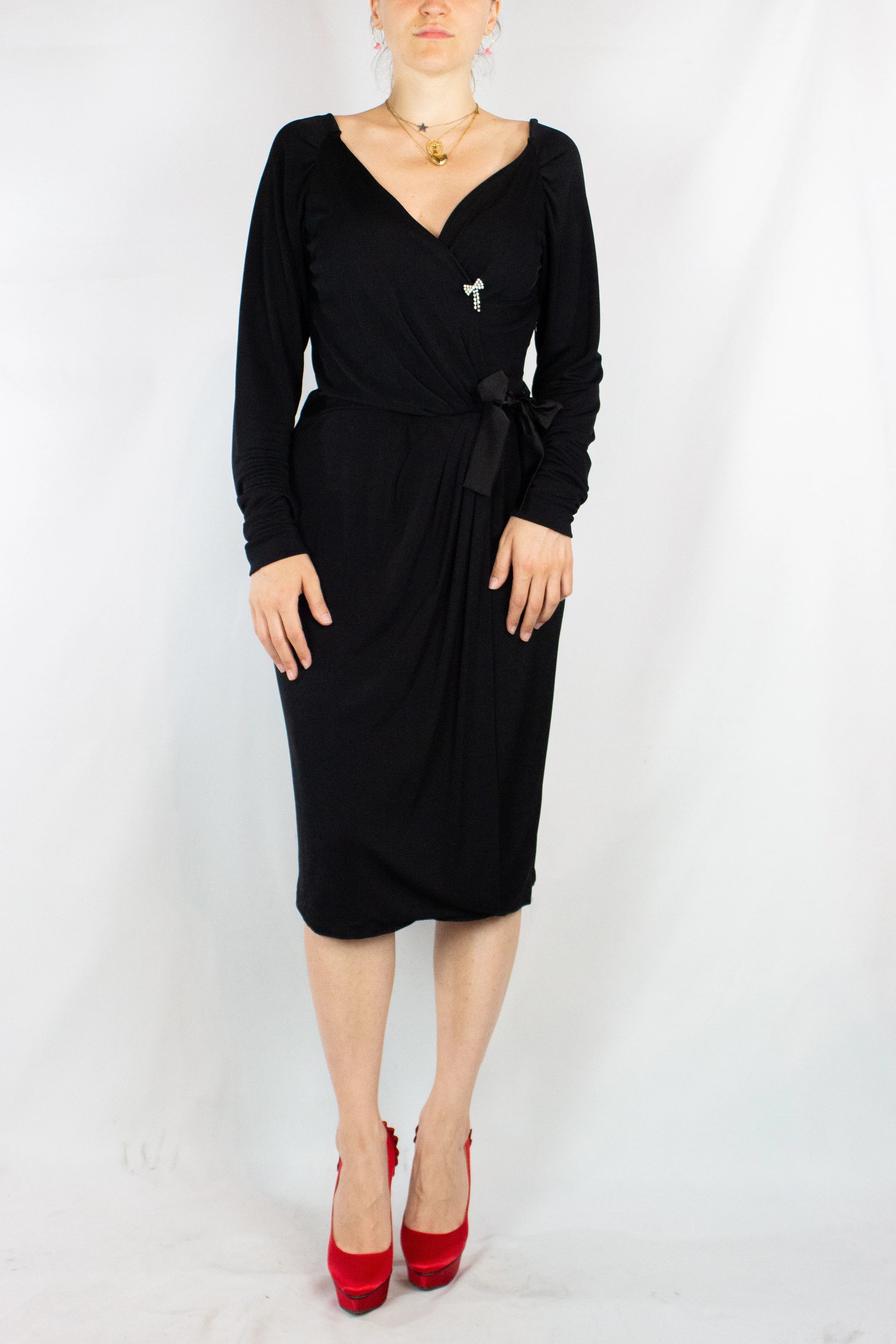 Black V-Neck Wrap Dress with Long Sleeves
