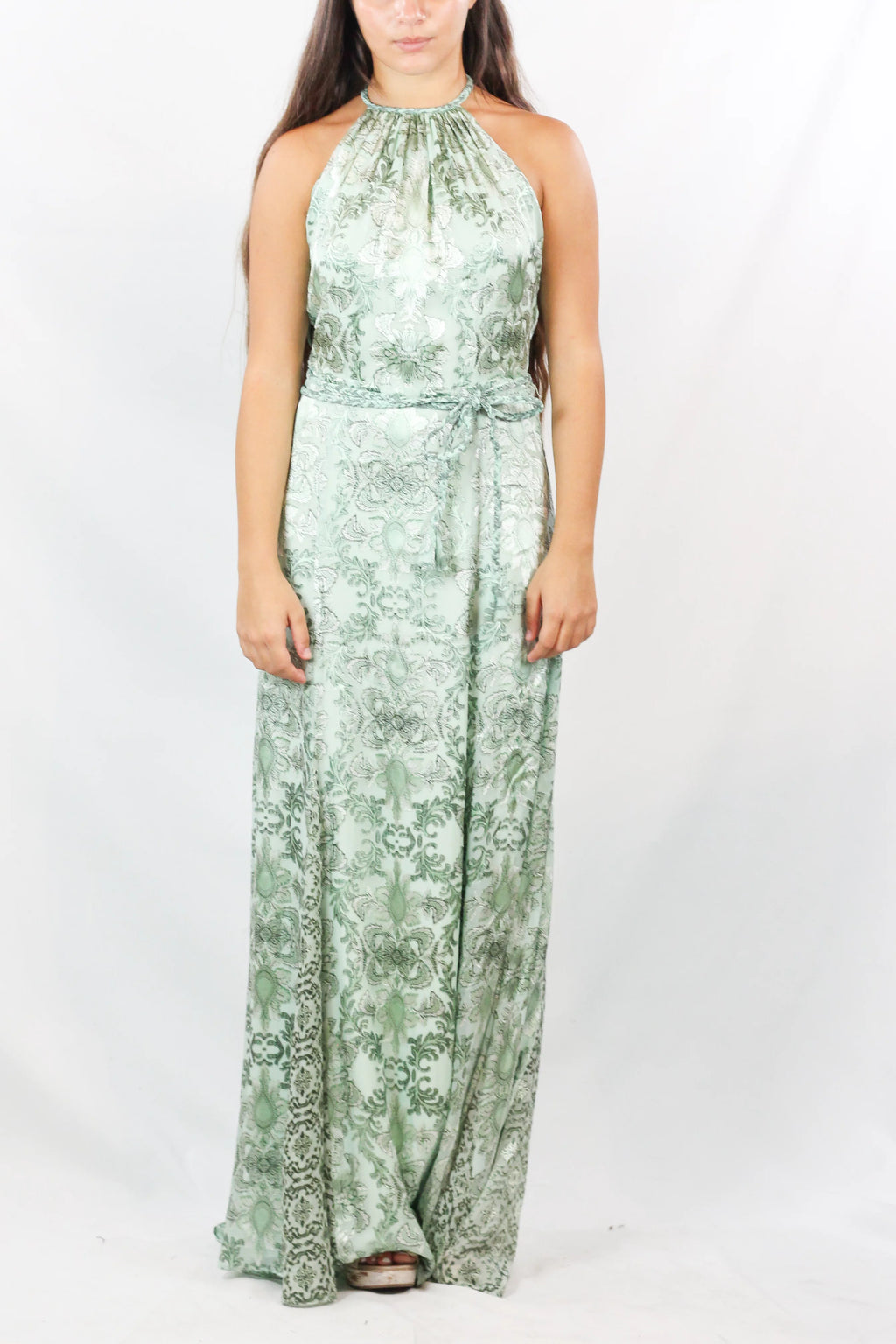 Sage Green Damask Halter Maxi Dress