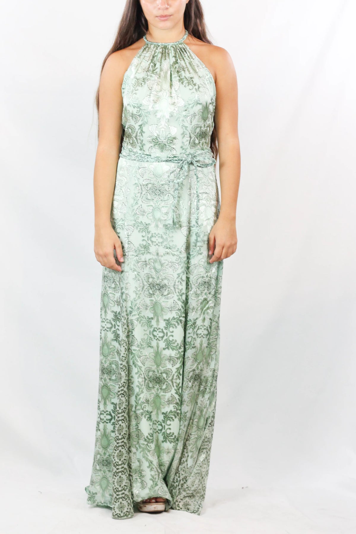 Sage Green Damask Halter Maxi Dress