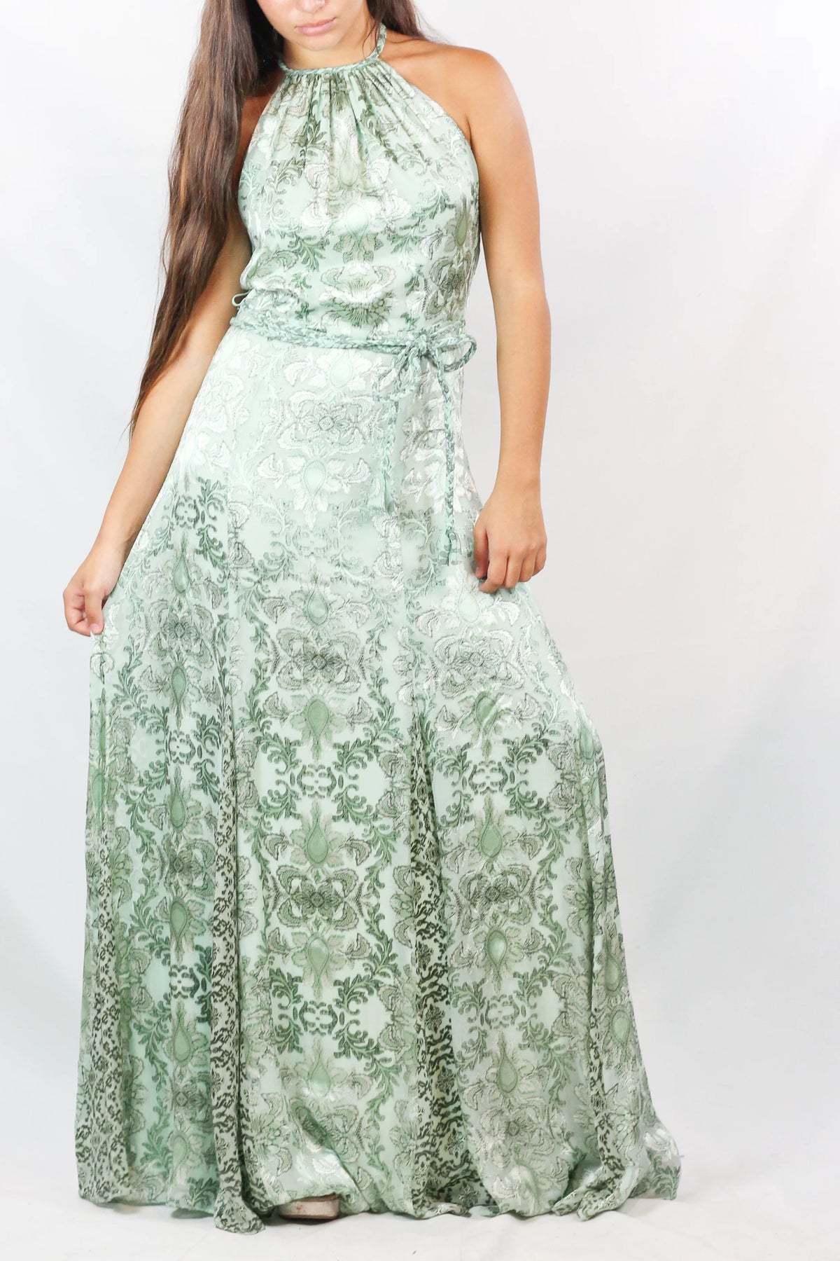 Sage Green Damask Halter Maxi Dress