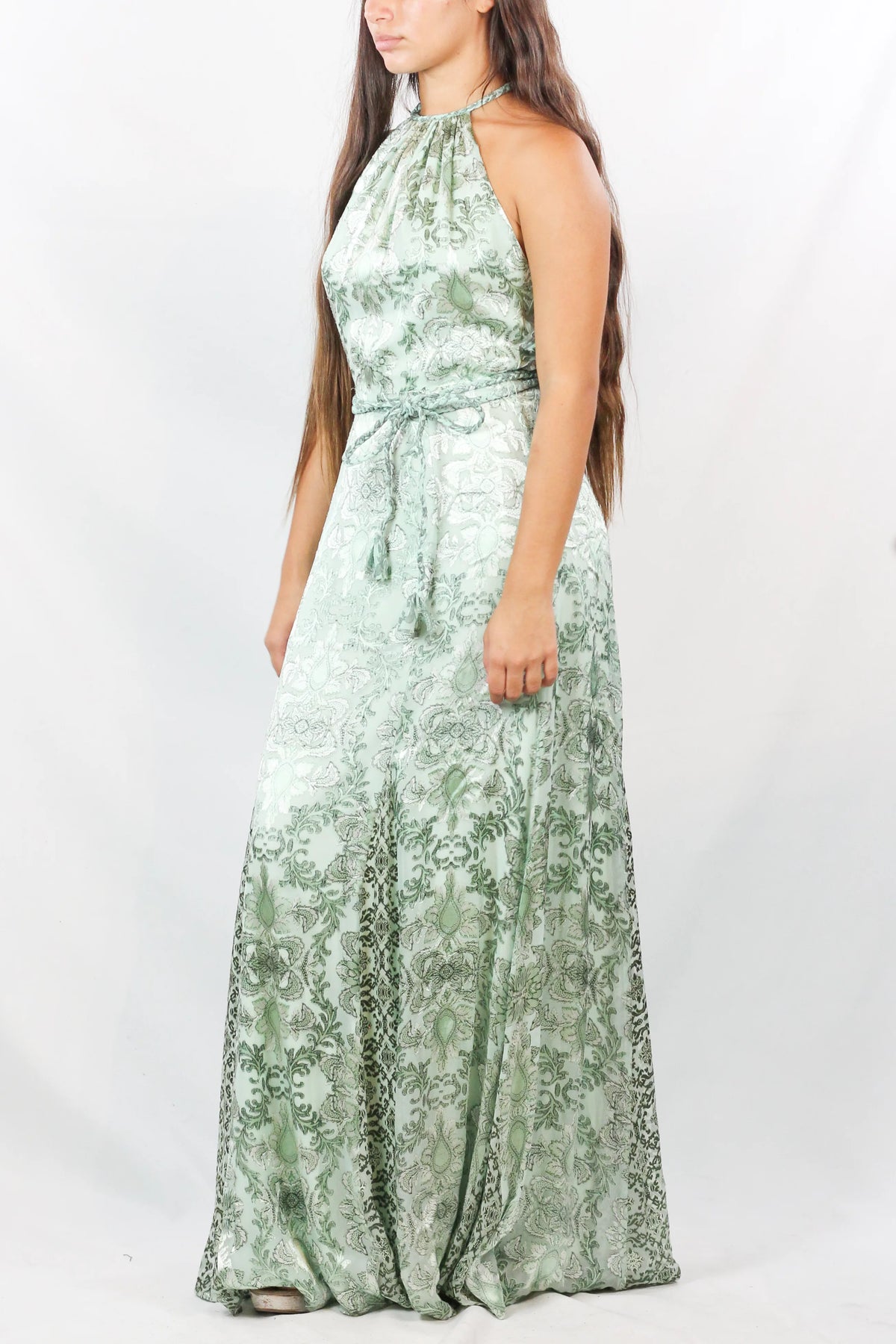 Sage Green Damask Halter Maxi Dress