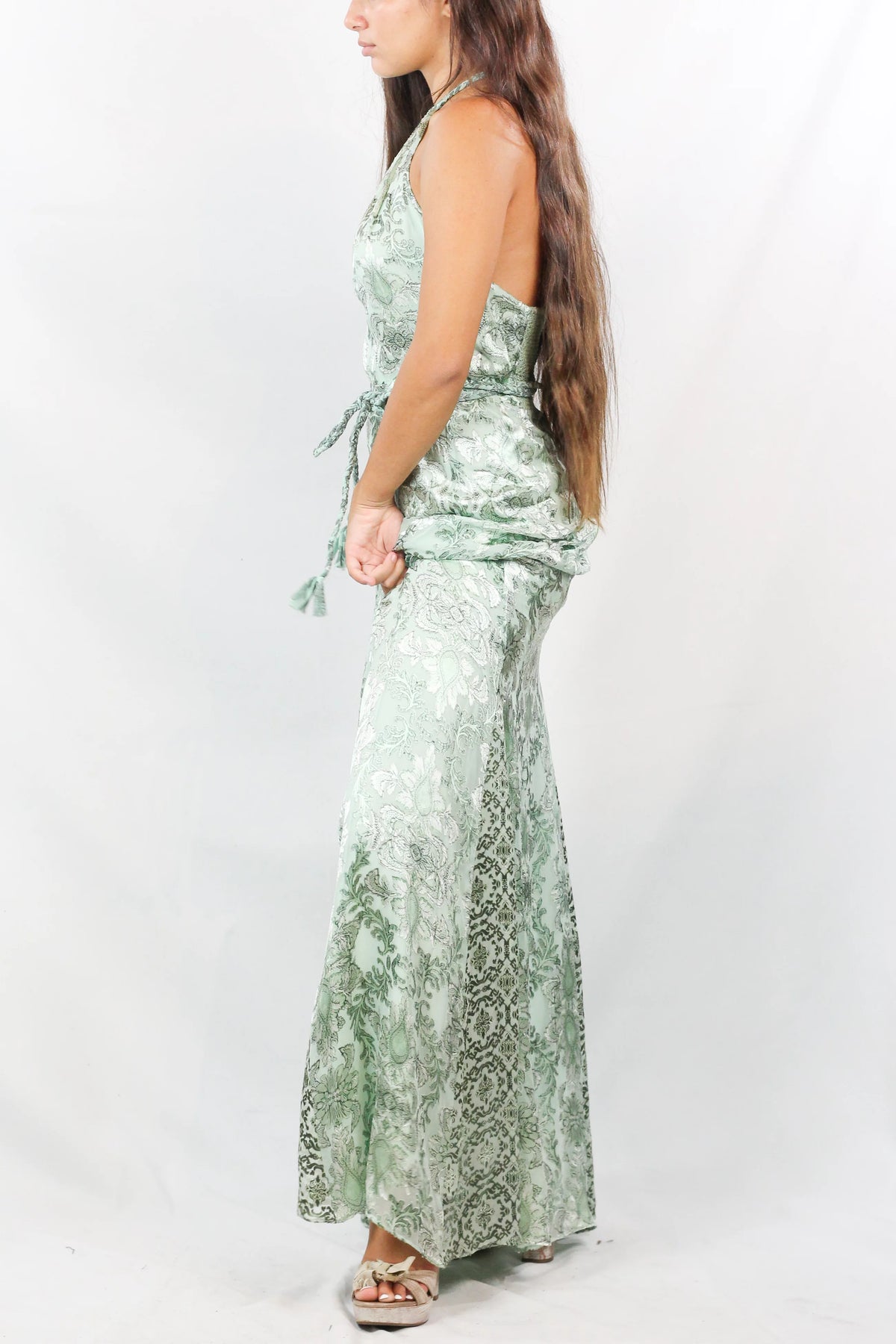 Sage Green Damask Halter Maxi Dress
