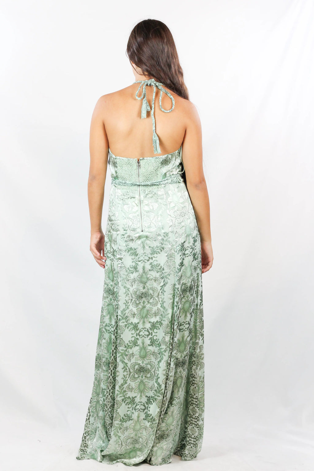 Sage Green Damask Halter Maxi Dress