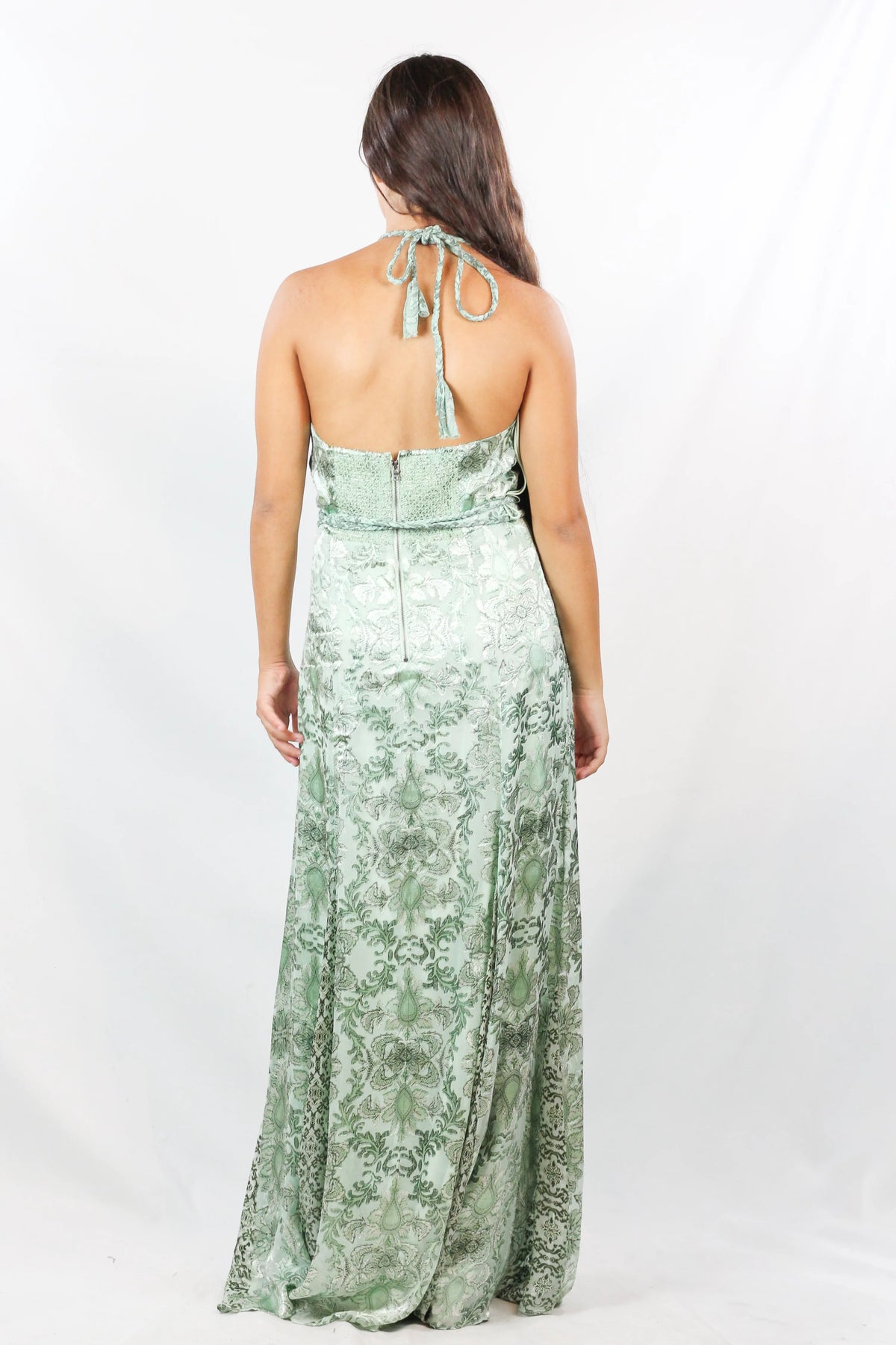 Sage Green Damask Halter Maxi Dress