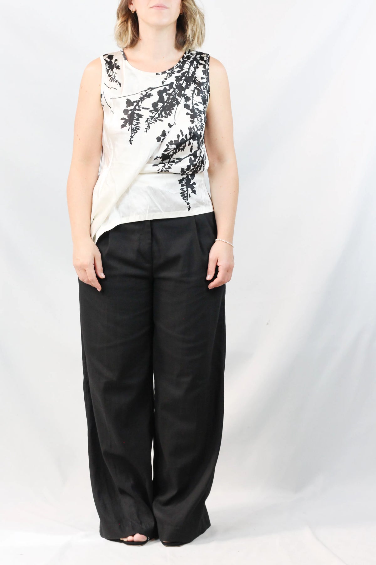 Silk Draped Floral Top White Black