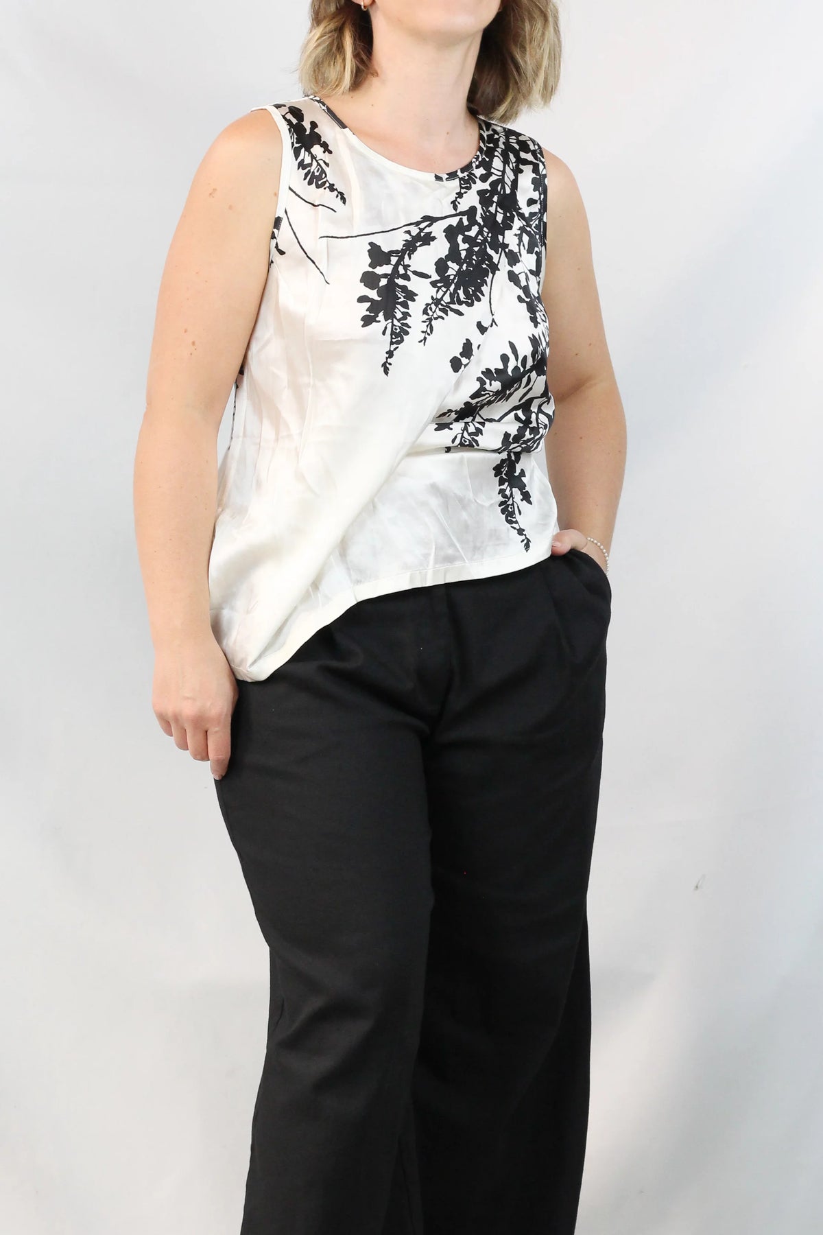 Silk Draped Floral Top White Black